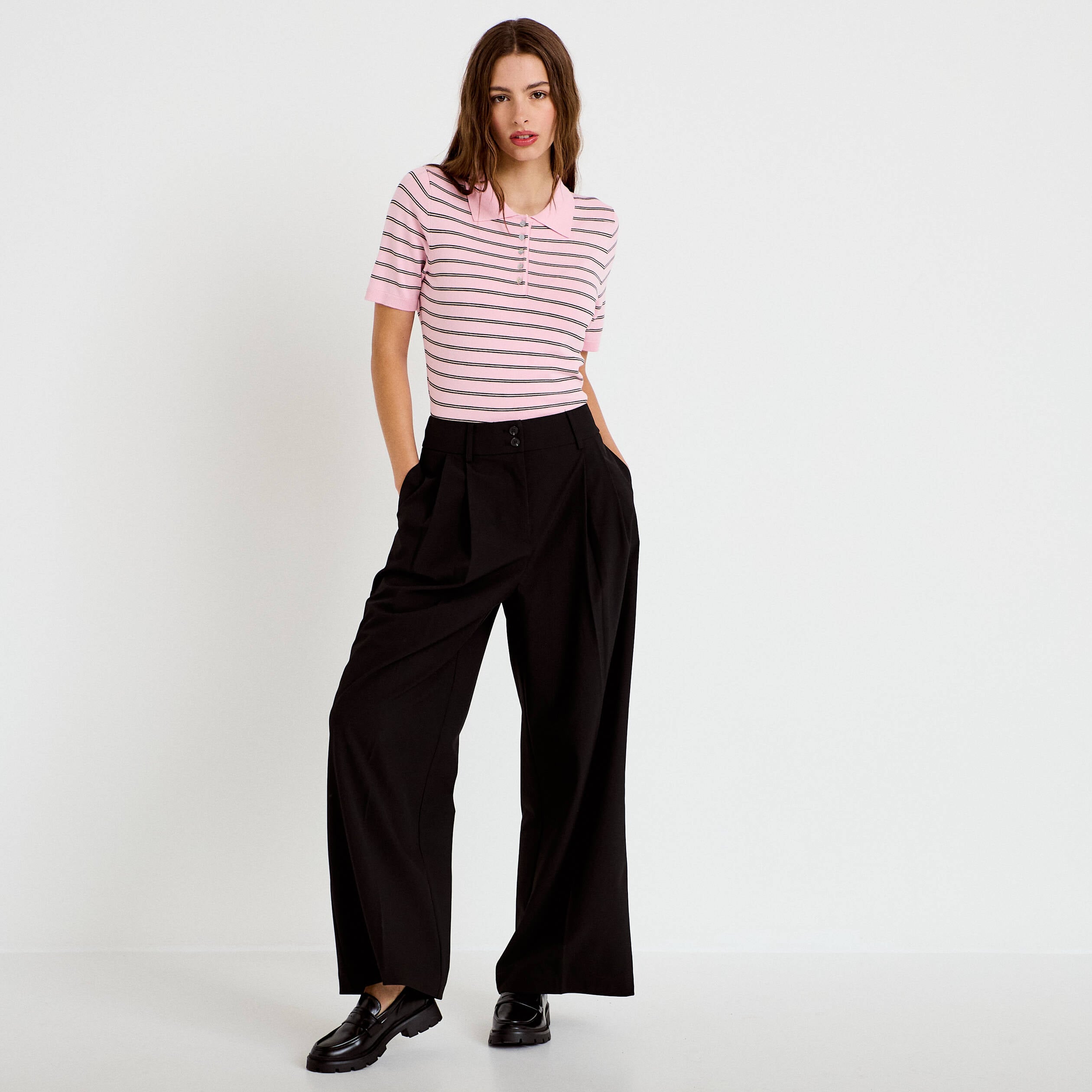 Pantalon large &agrave; pinces noir femme