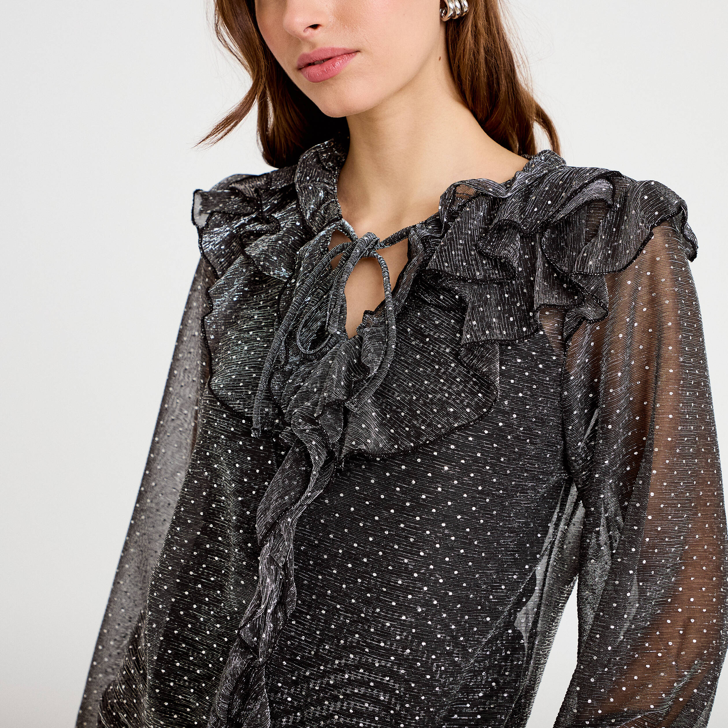 Blouse voile transparent paillet&eacute; gris argent femme