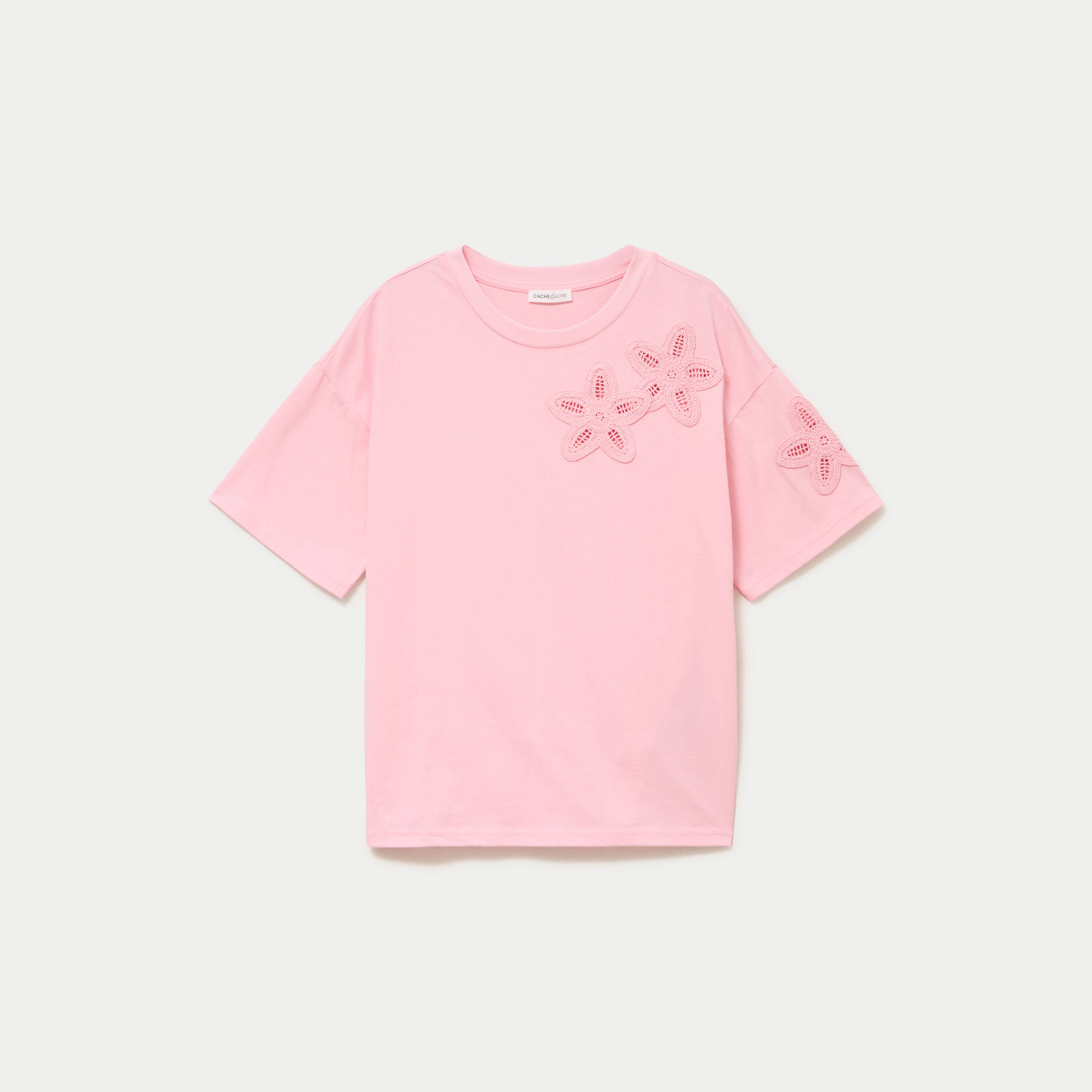 T-shirt col rond manches courtes rose corail femme