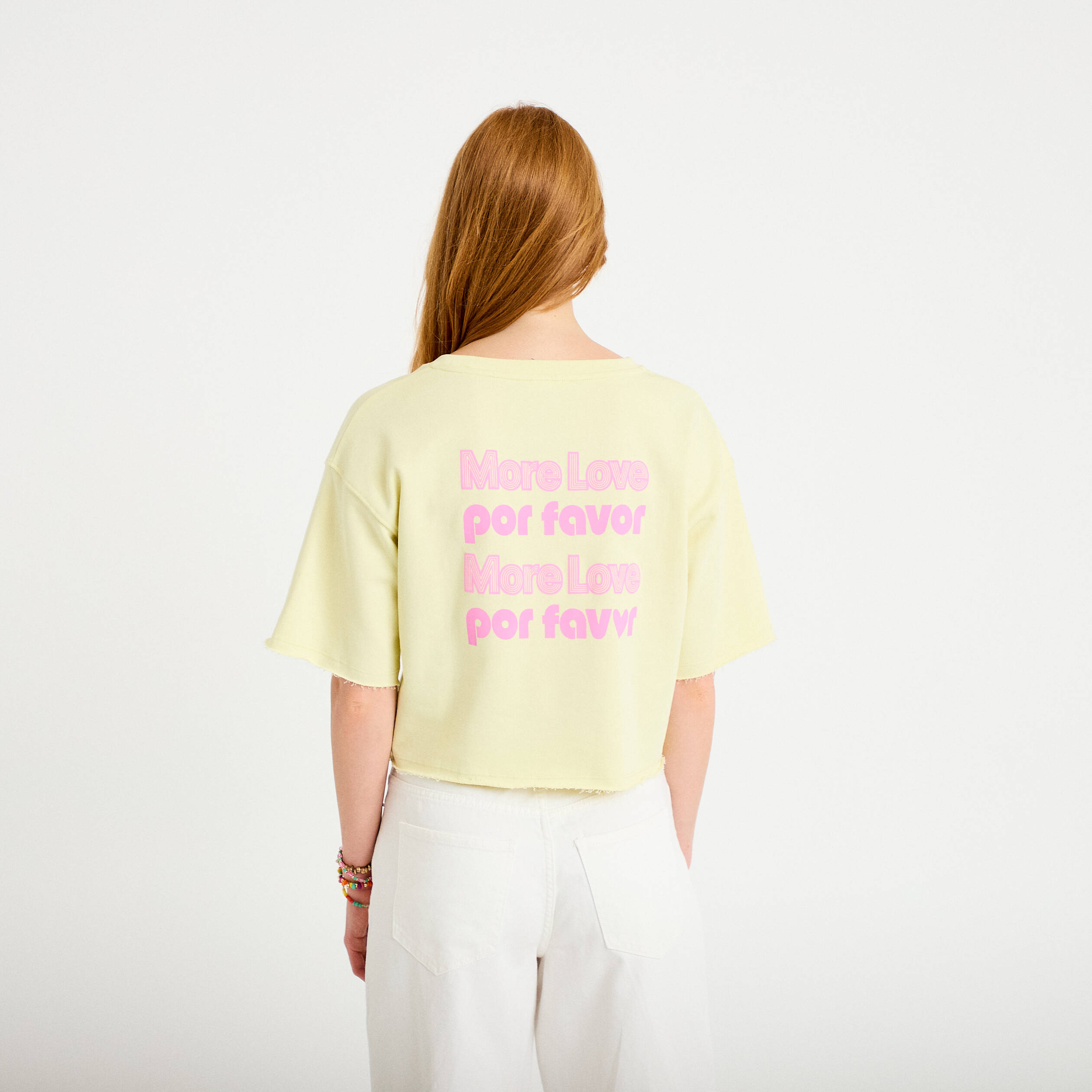 Sweat oversize cropped col rond jaune clair femme
