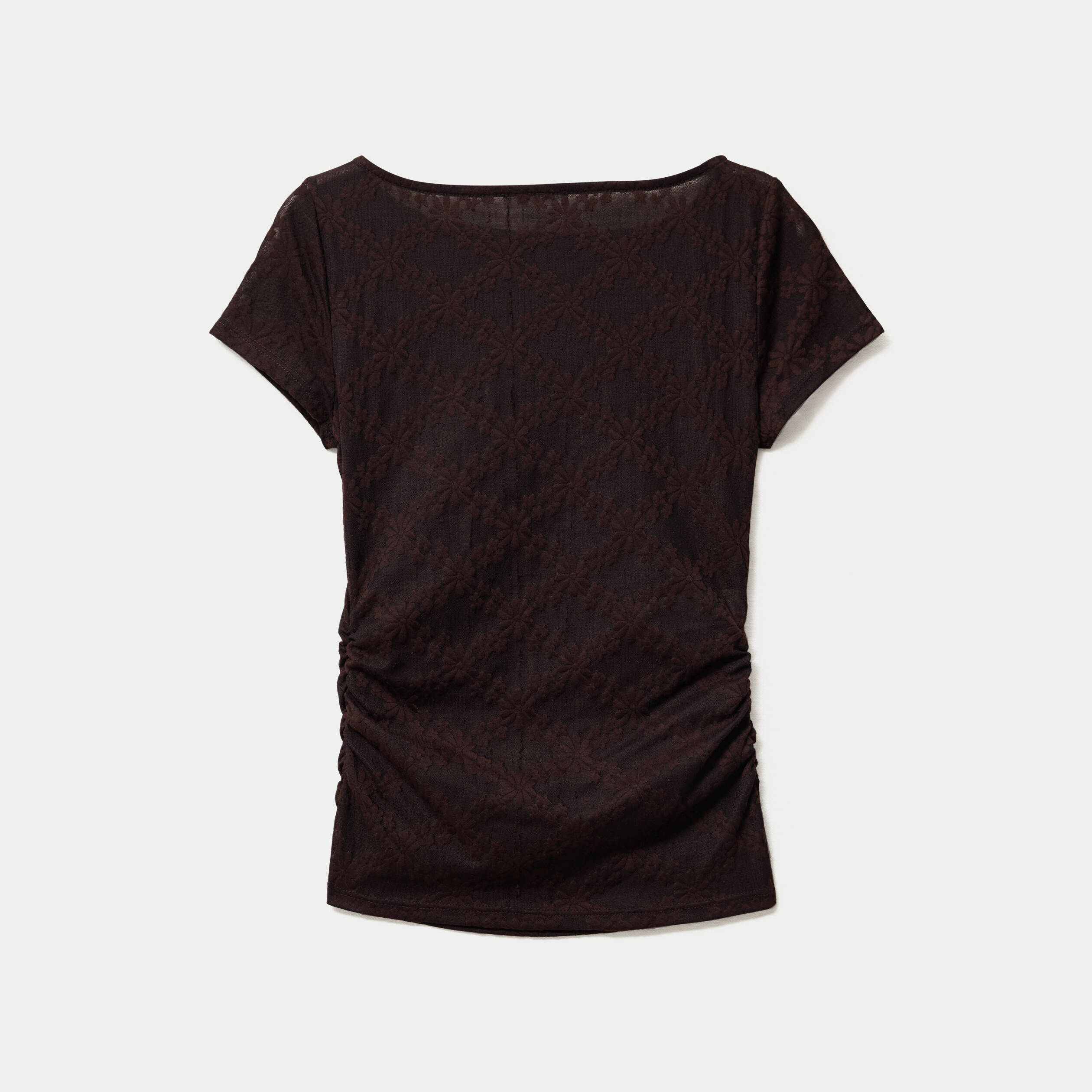 T-shirt ajust&eacute; dentelle col bateau marron fonc&eacute; femme