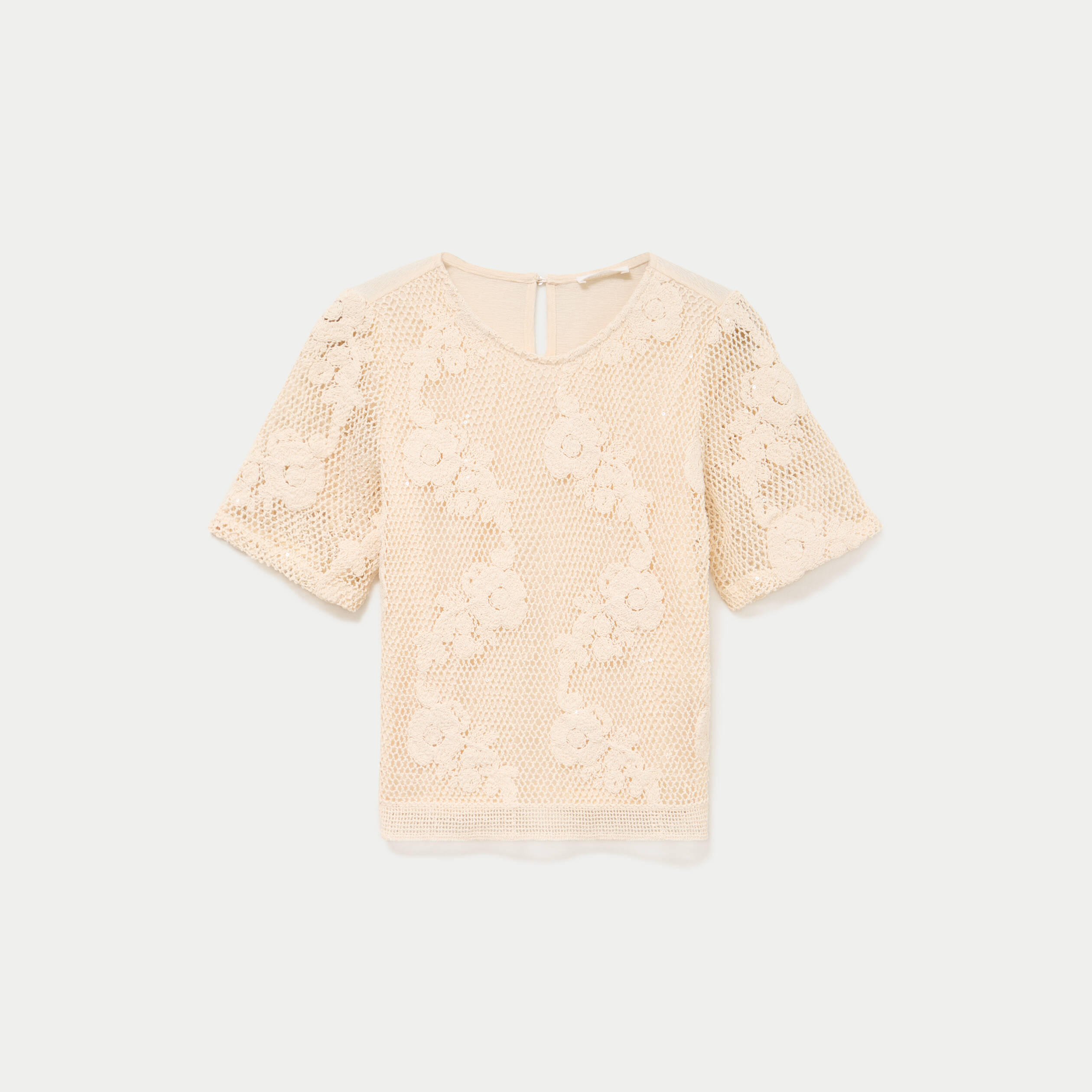 T-shirt manches courtes aspect dentelle ecru femme
