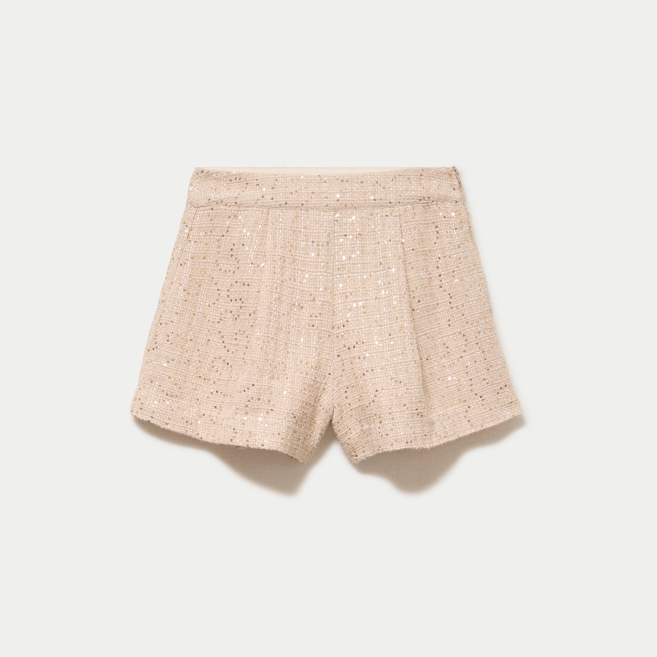 Short large taille haute en tweed ivoire femme