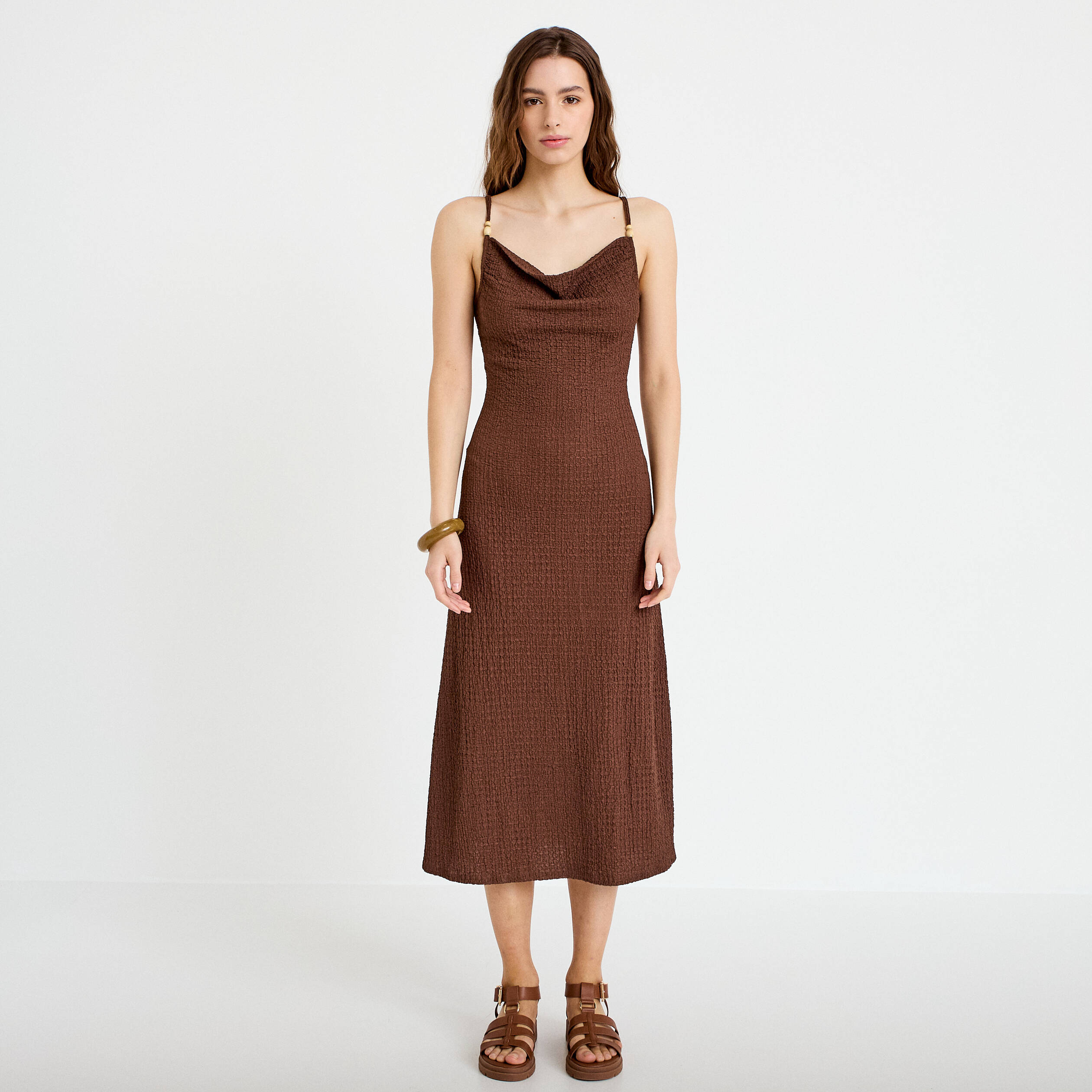 Robe longue droite en maille marron femme