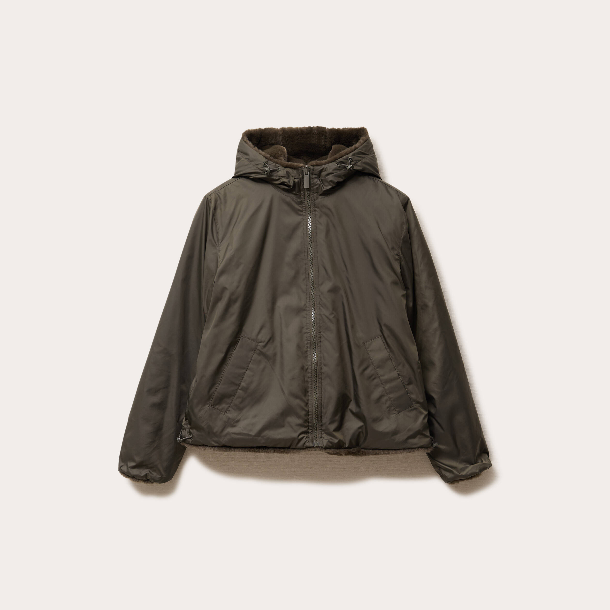 Parka r&eacute;versible &agrave; capuche vert kaki femme