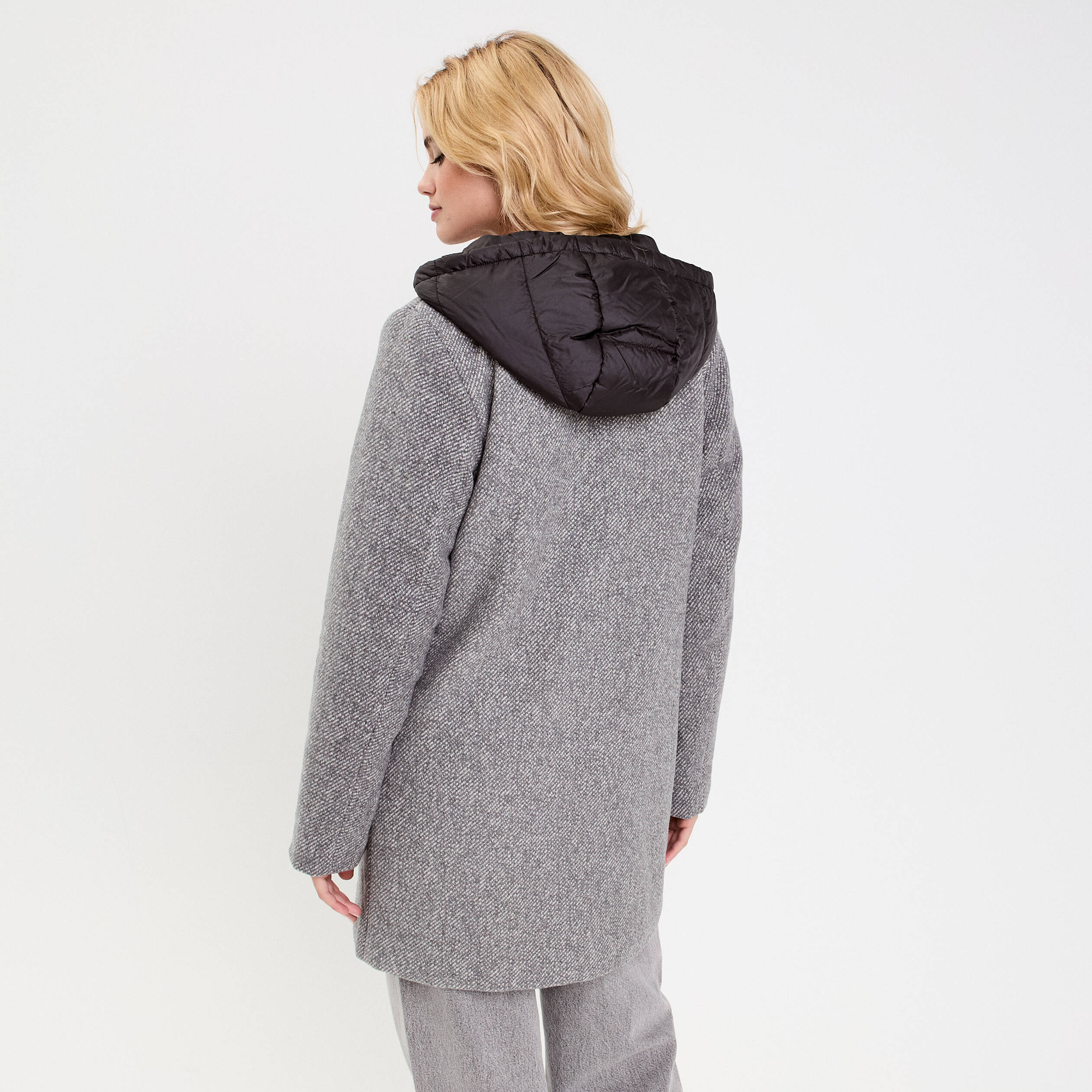 Manteau droit long &agrave; capuche gris clair femme