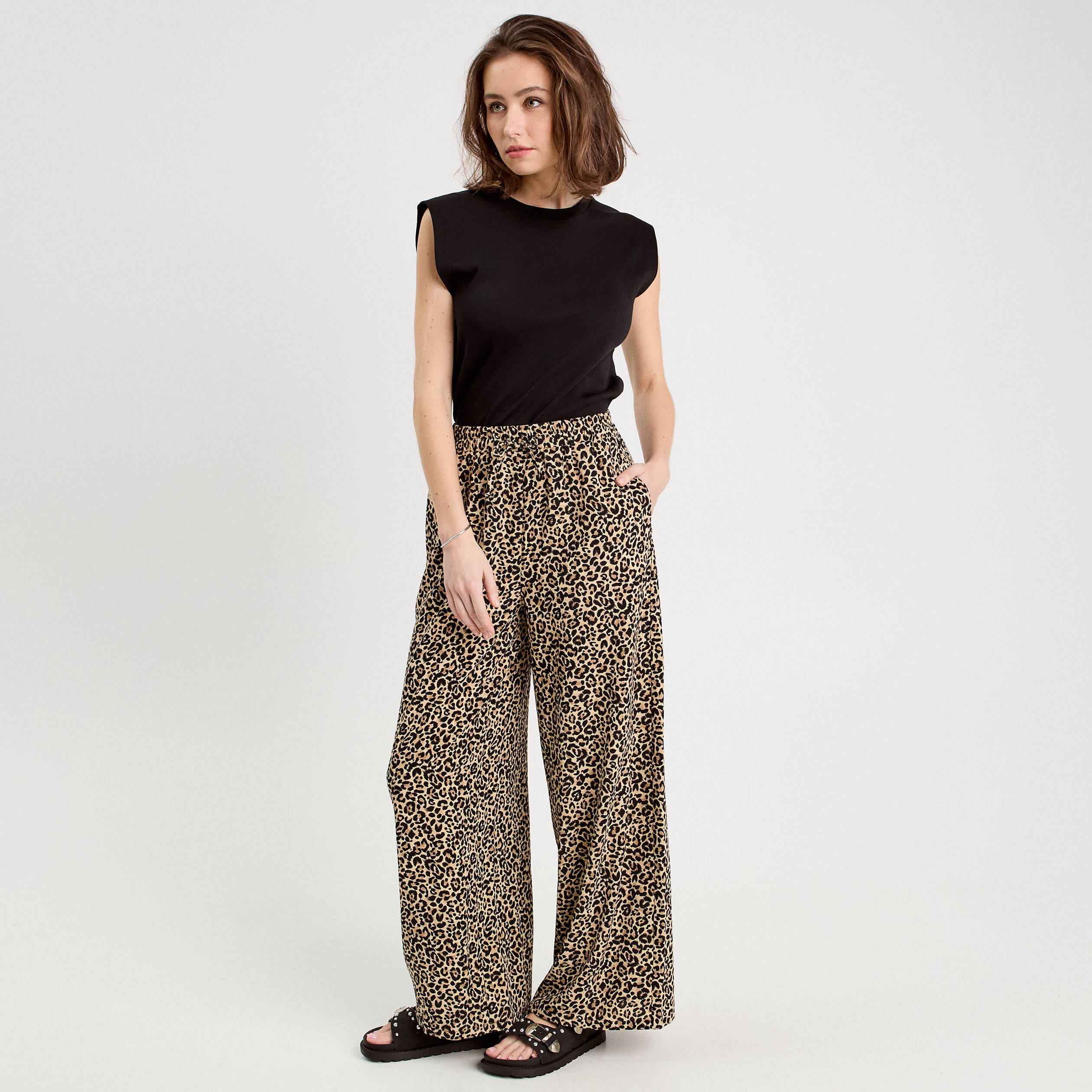 Pantalon large fluide beige femme