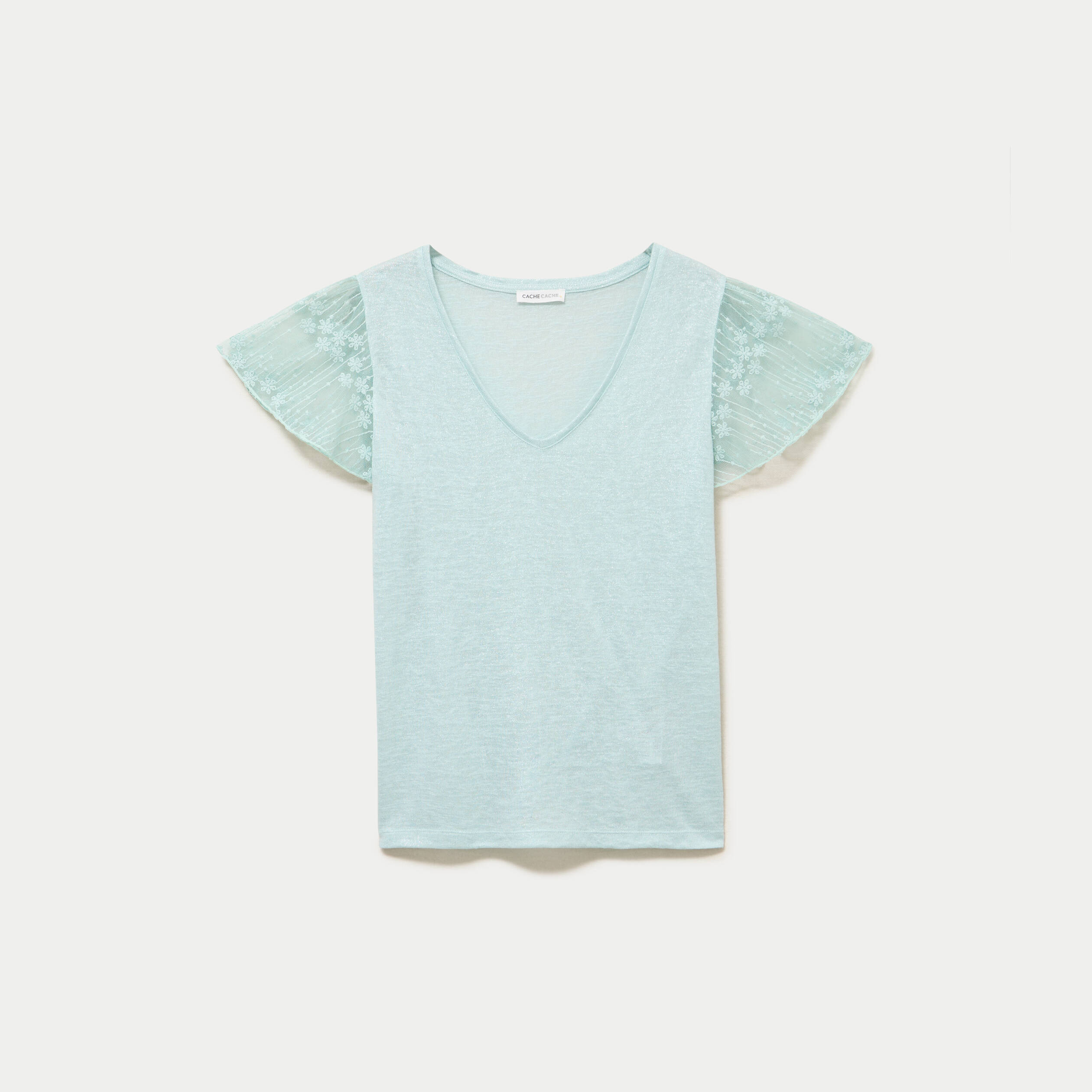 T-shirt manches dentelle vert clair femme