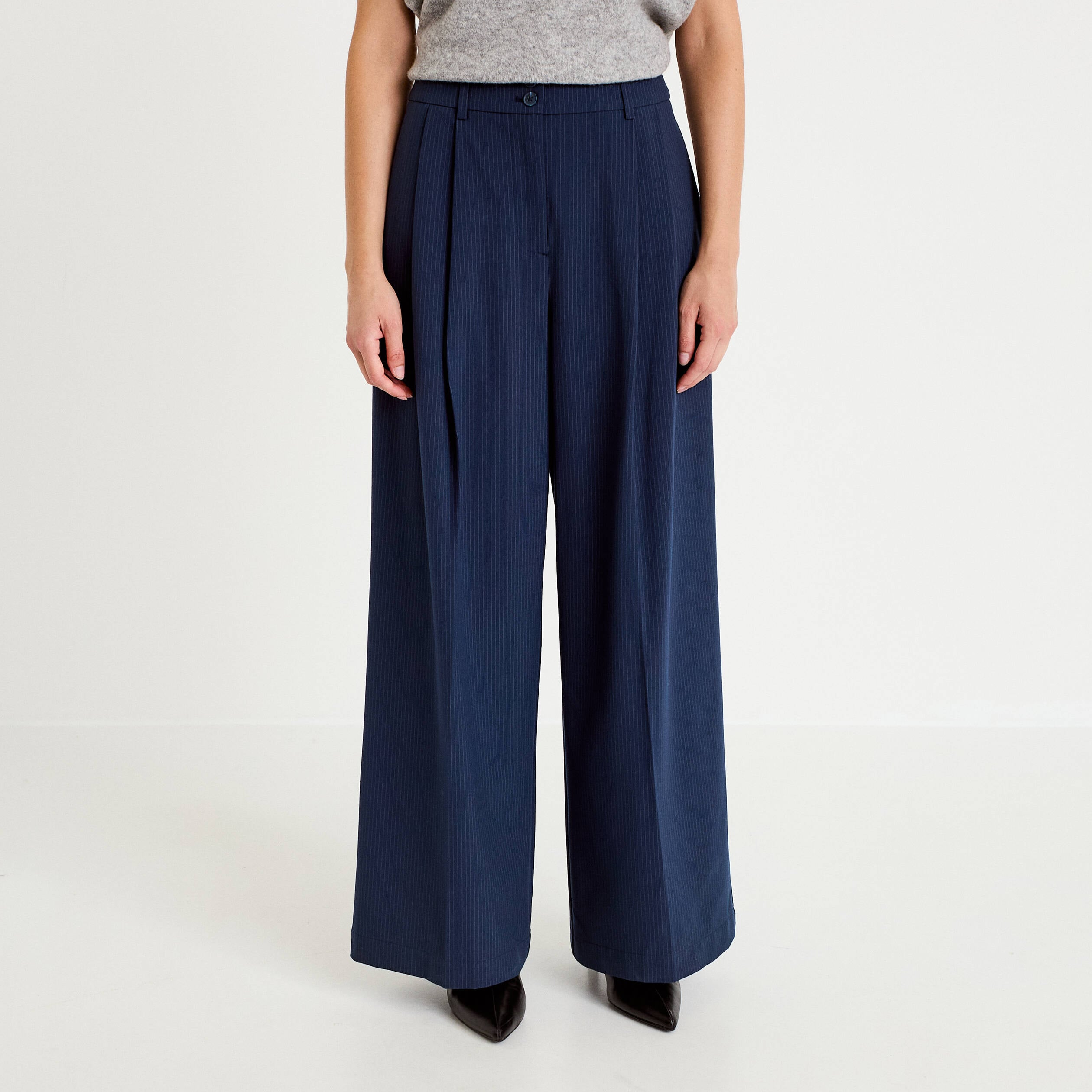 Pantalon large &agrave; pinces bleu marine femme