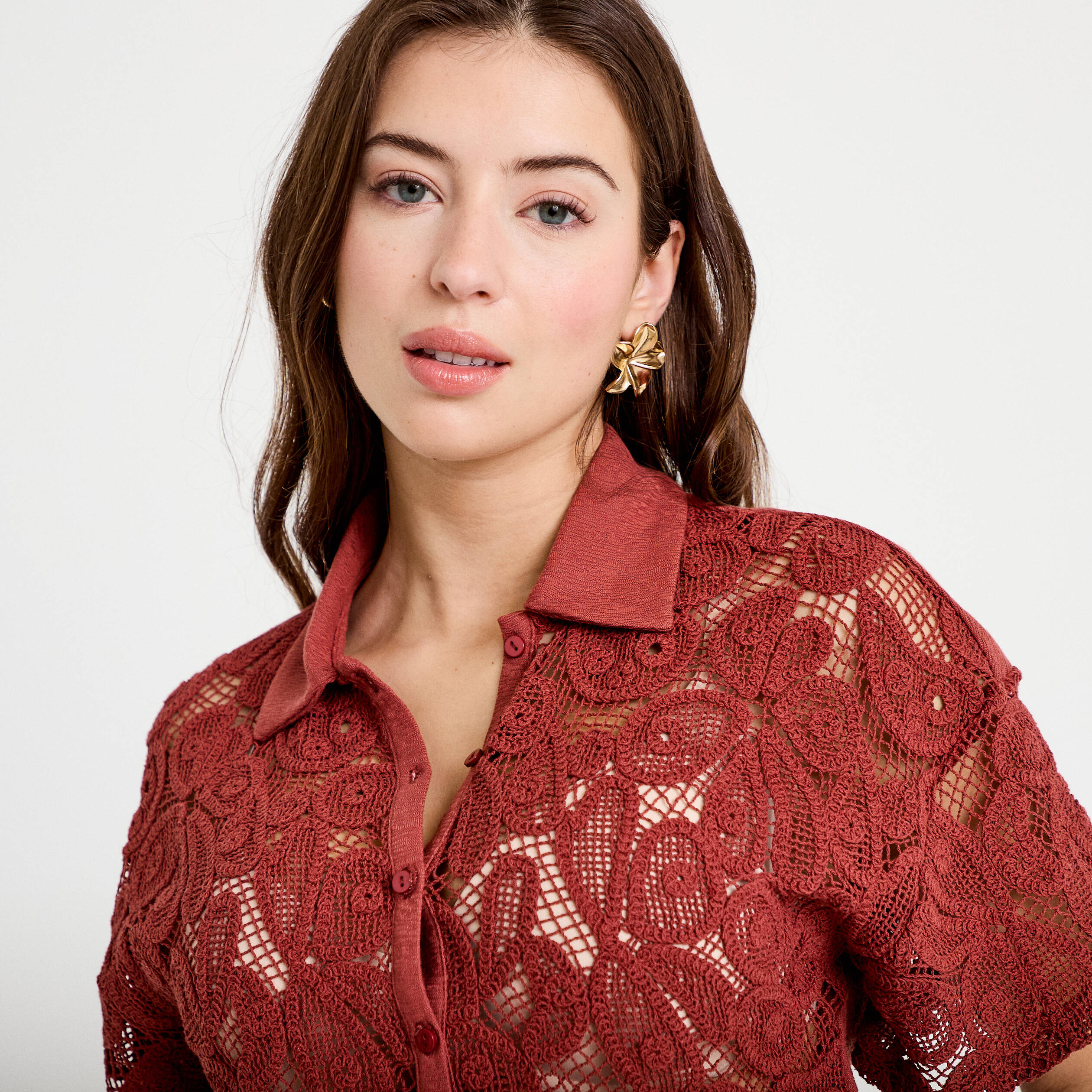 Chemise macram&eacute; manches courtes vieux rose femme
