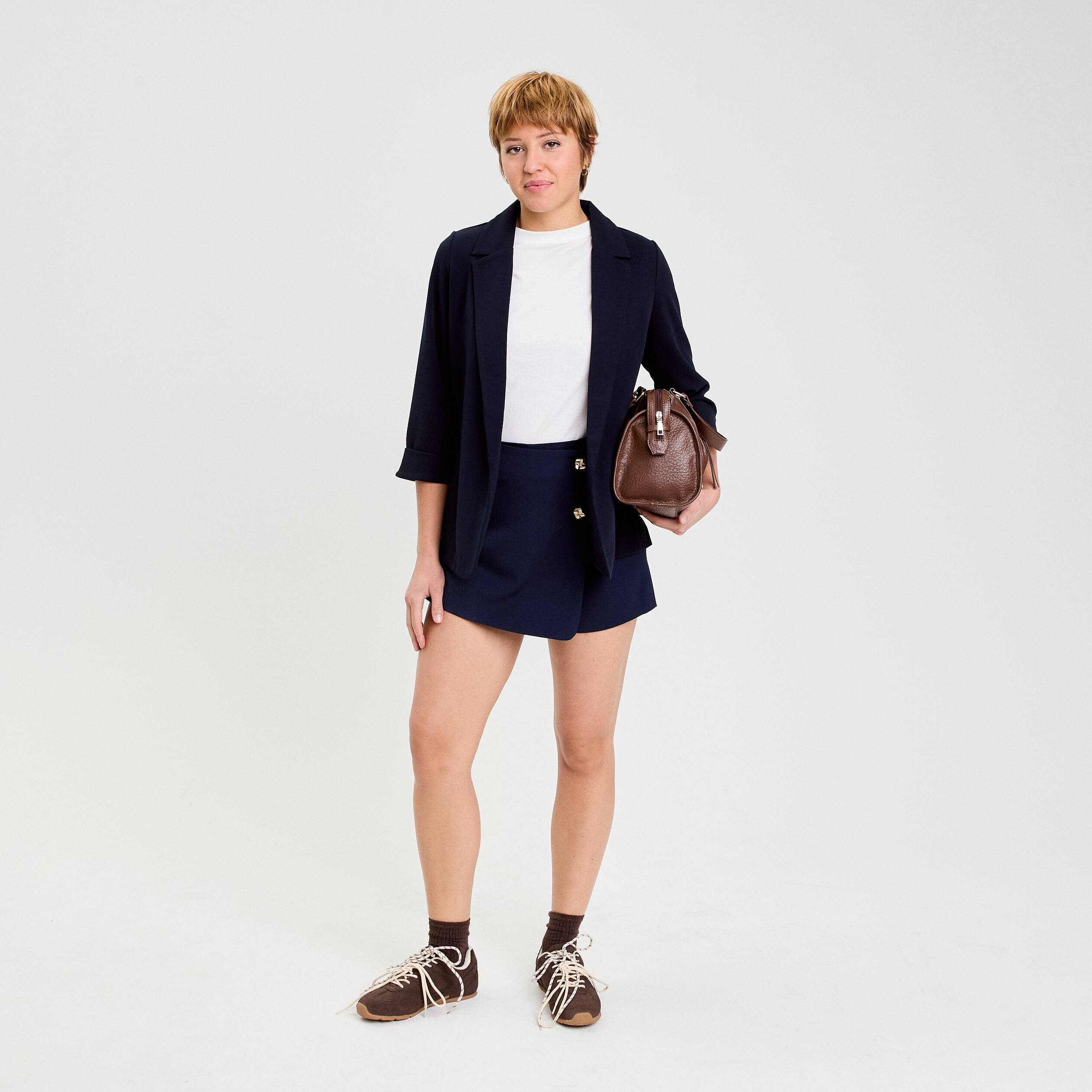 Jupe-short trap&egrave;ze courte bleu marine femme