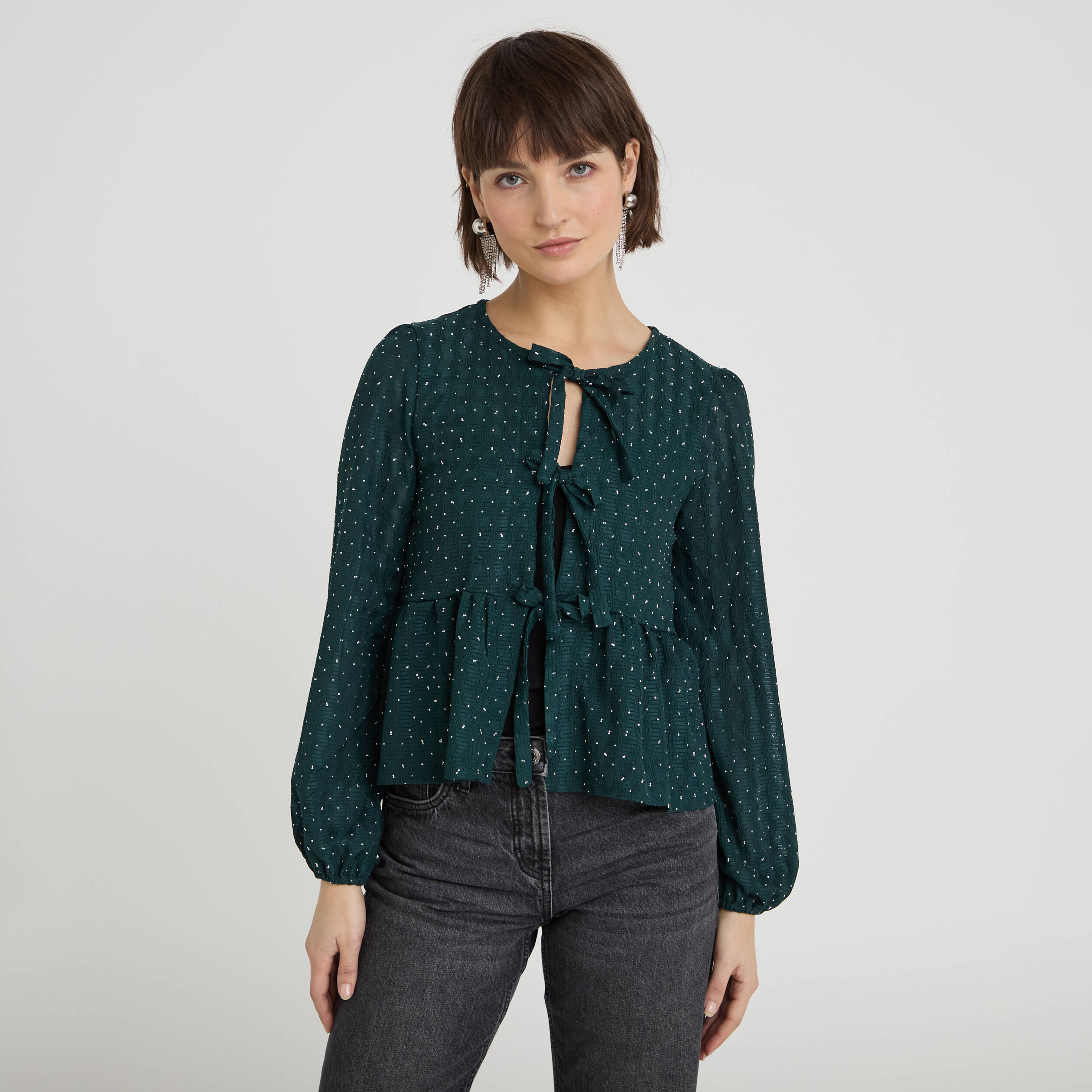 Blouse nou&eacute;e strass vert fonc&eacute; femme