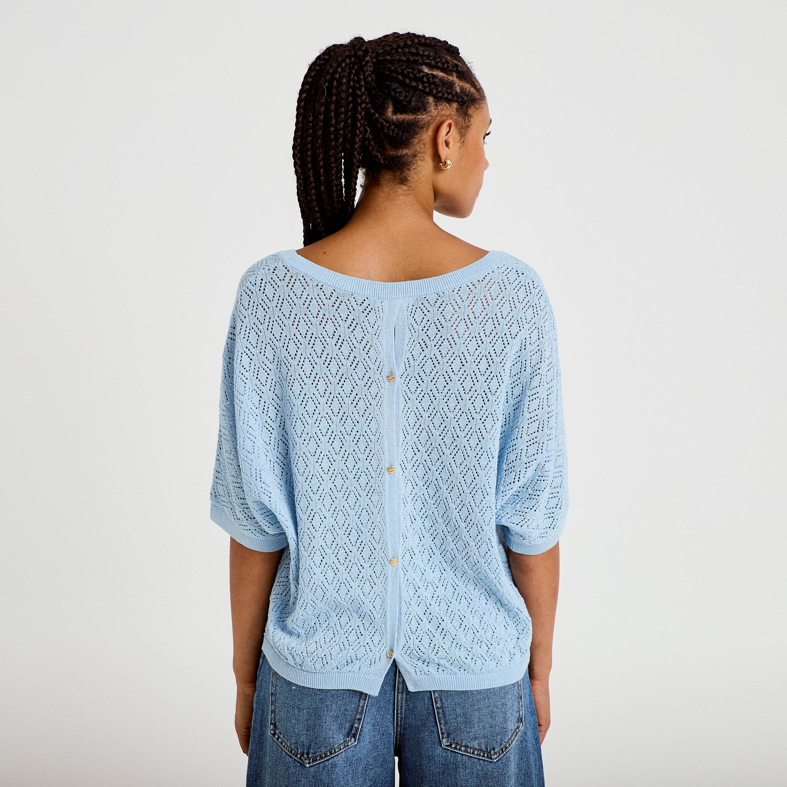Pull ajour&eacute; col v manches courtes bleu ciel femme