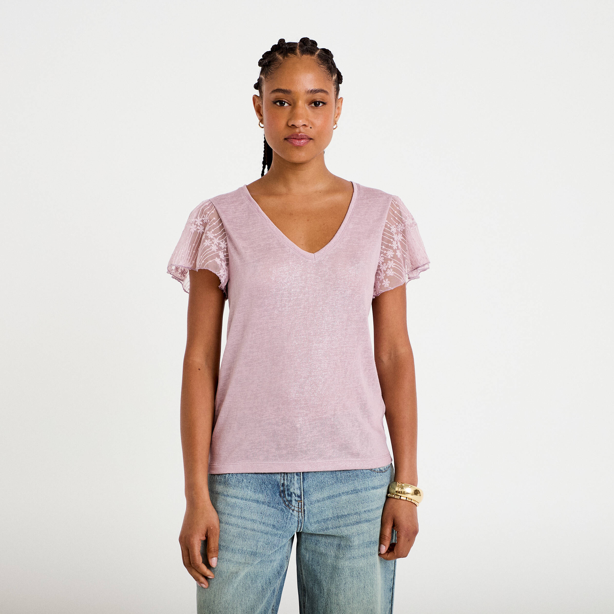 T-shirt manches dentelle parme femme