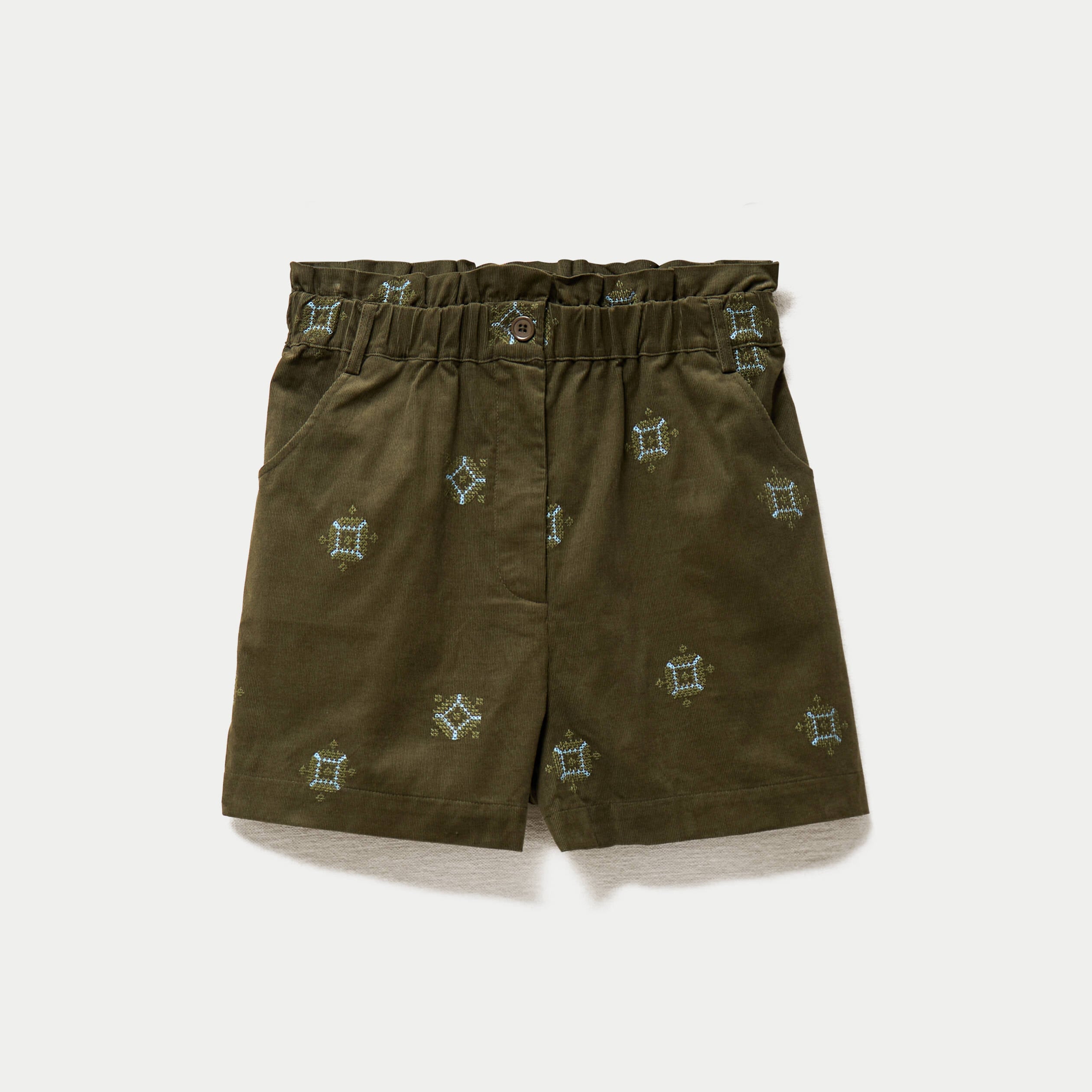 Short taille haute en velours brod&eacute; vert kaki femme