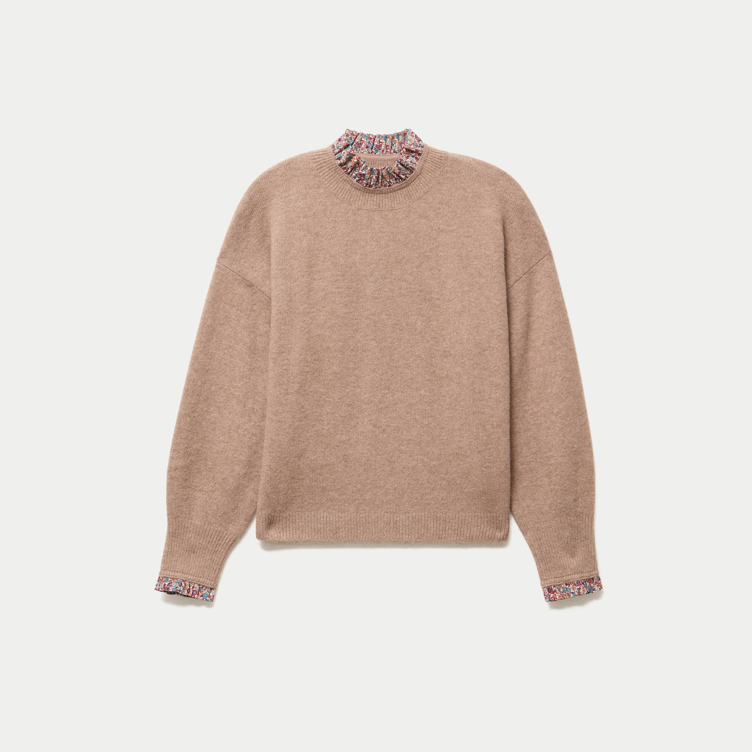 Pull col rond manches longues beige femme