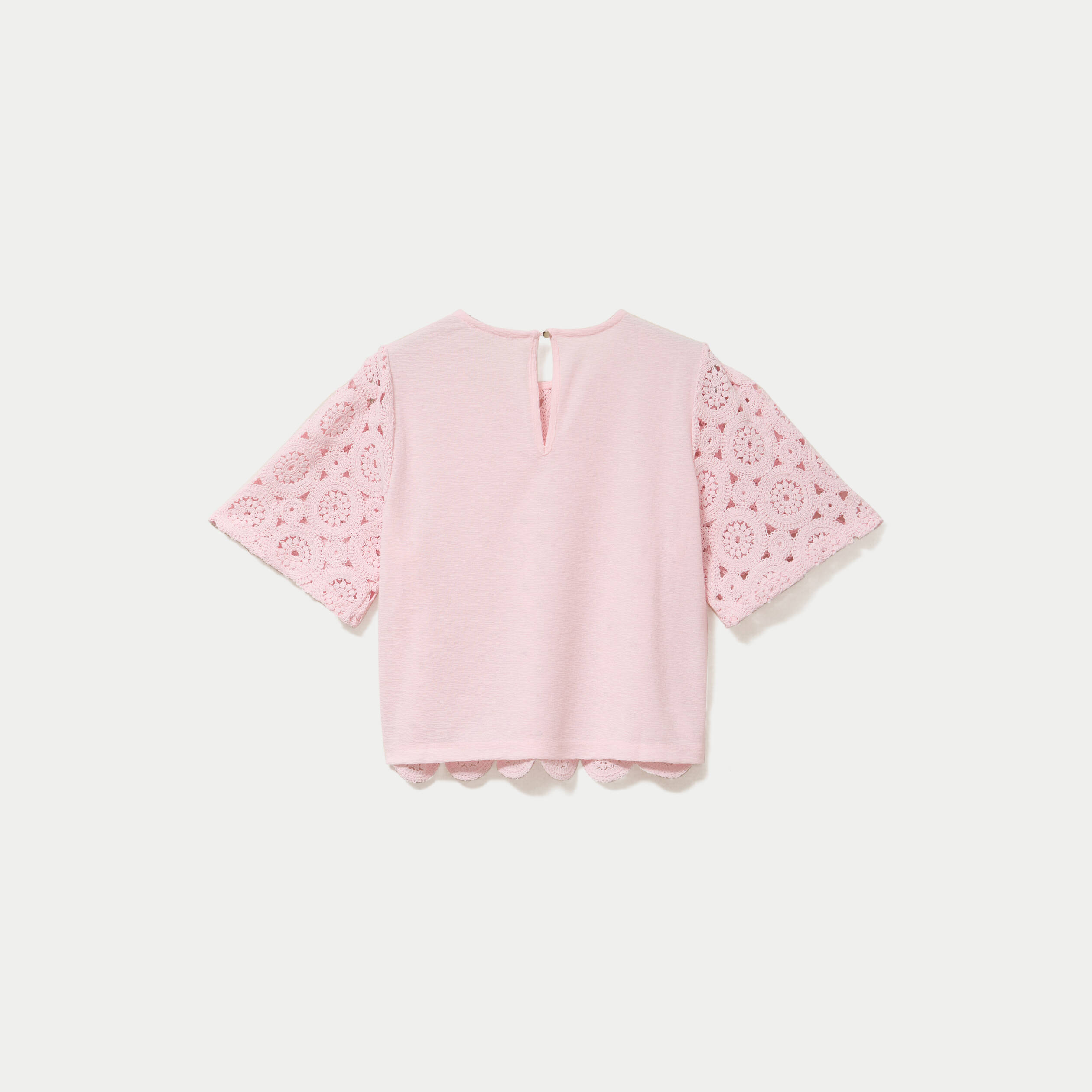 T-shirt macram&eacute; col rond rose clair femme