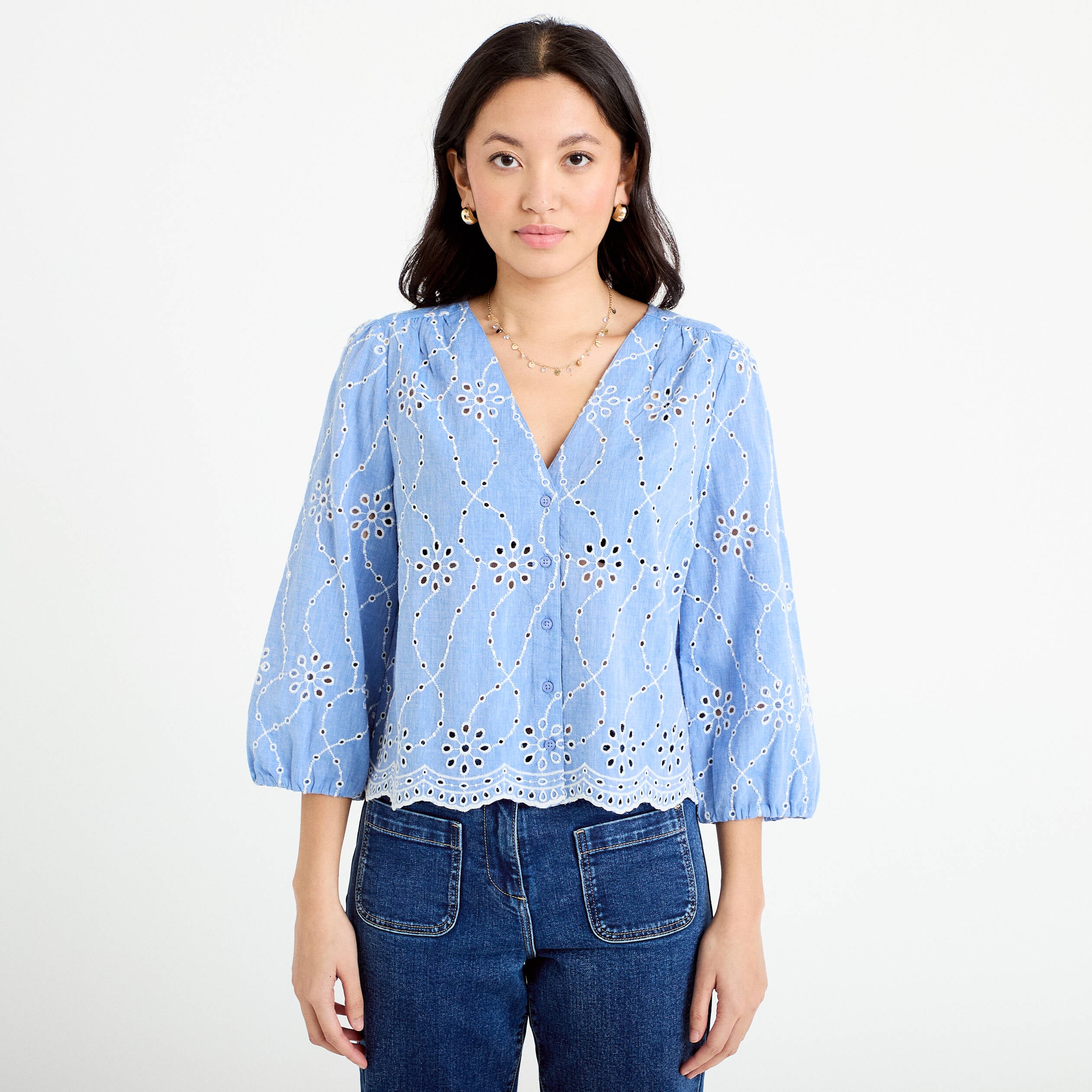 Blouse broderie anglaise bleu gris femme