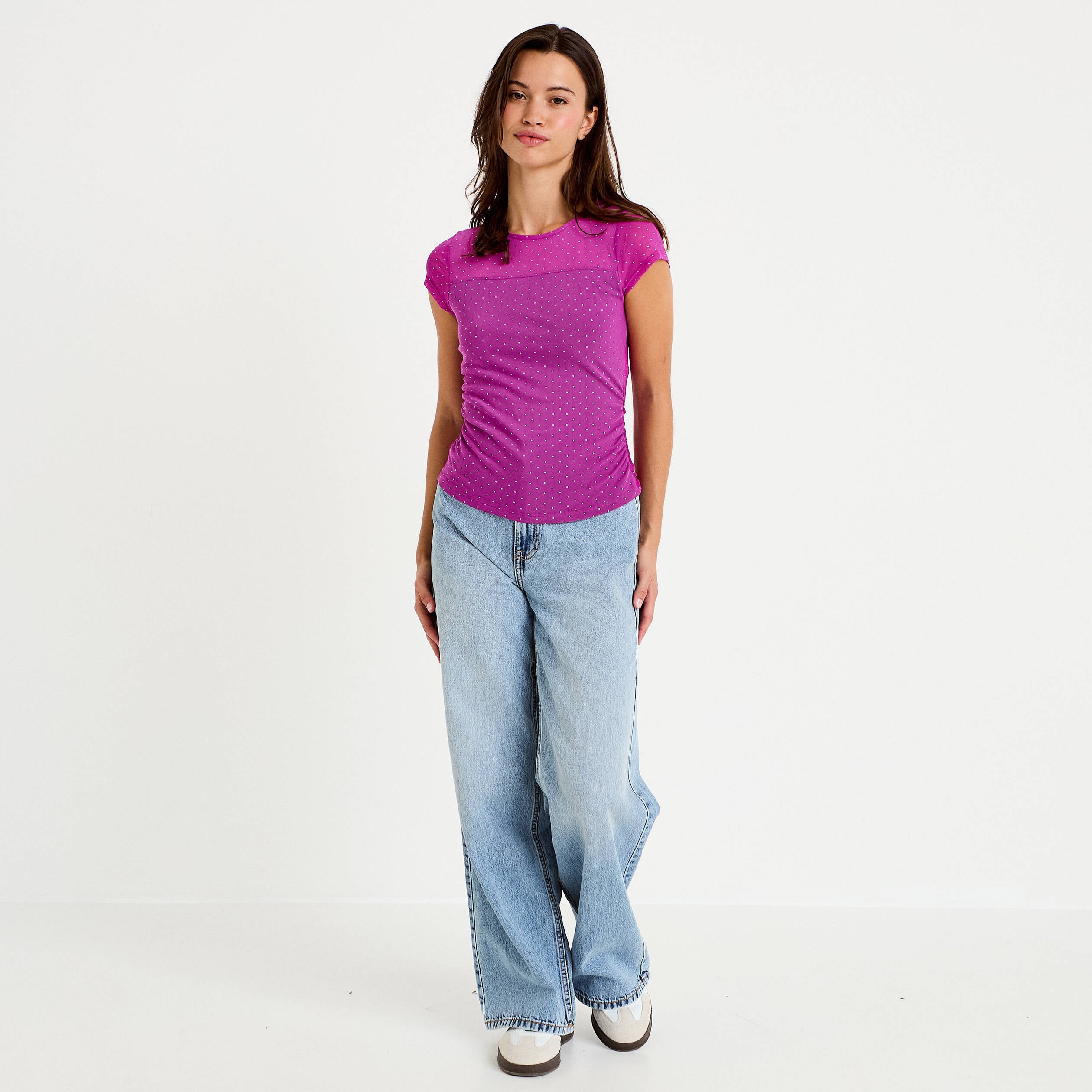 Top ajust&eacute; col rond manches courtes rose fushia femme