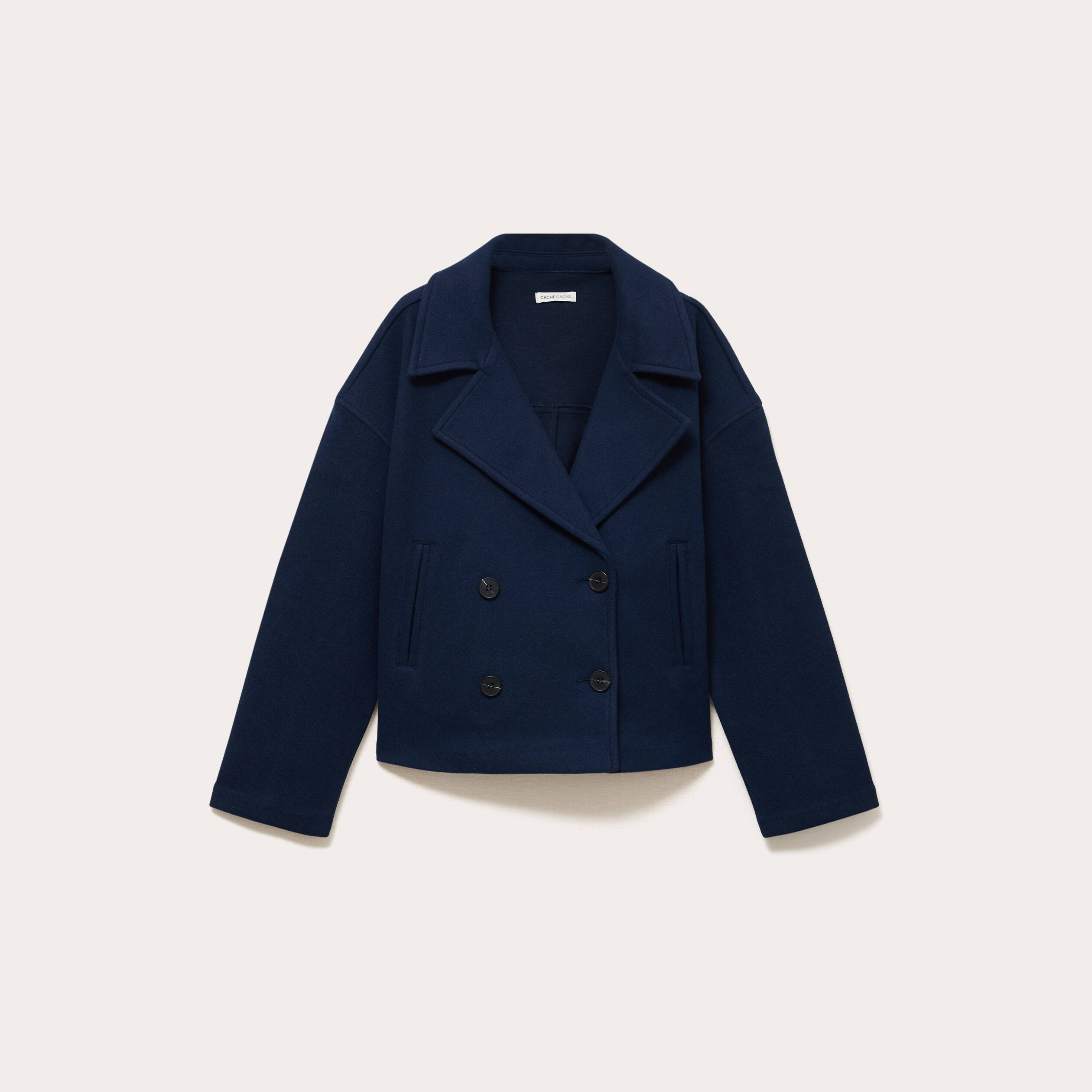 Caban court oversize col tailleur bleu marine femme