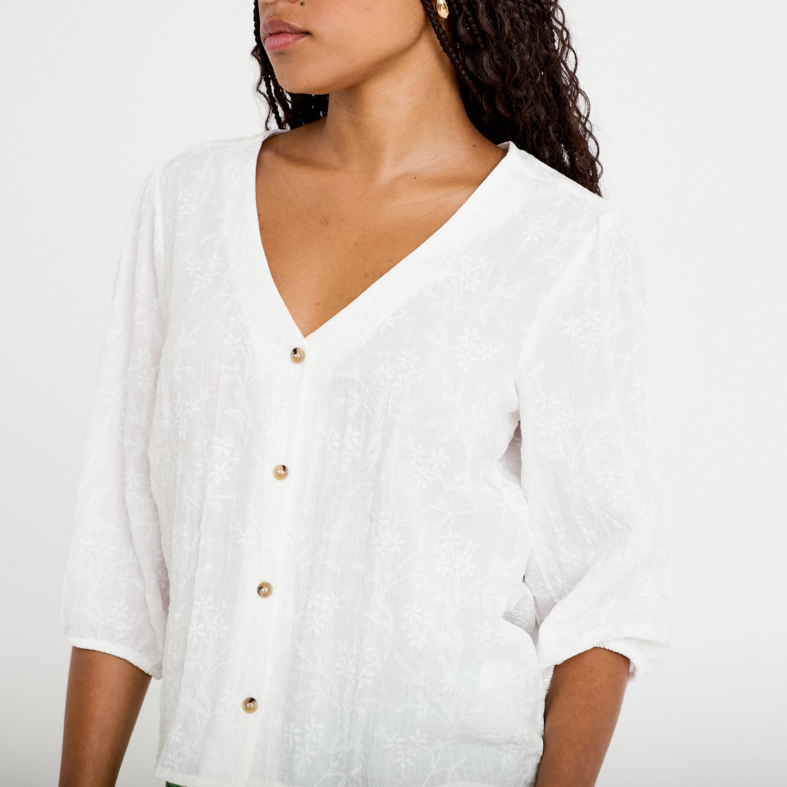 Blouse droite pliss&eacute;e manches 3/4 blanc femme