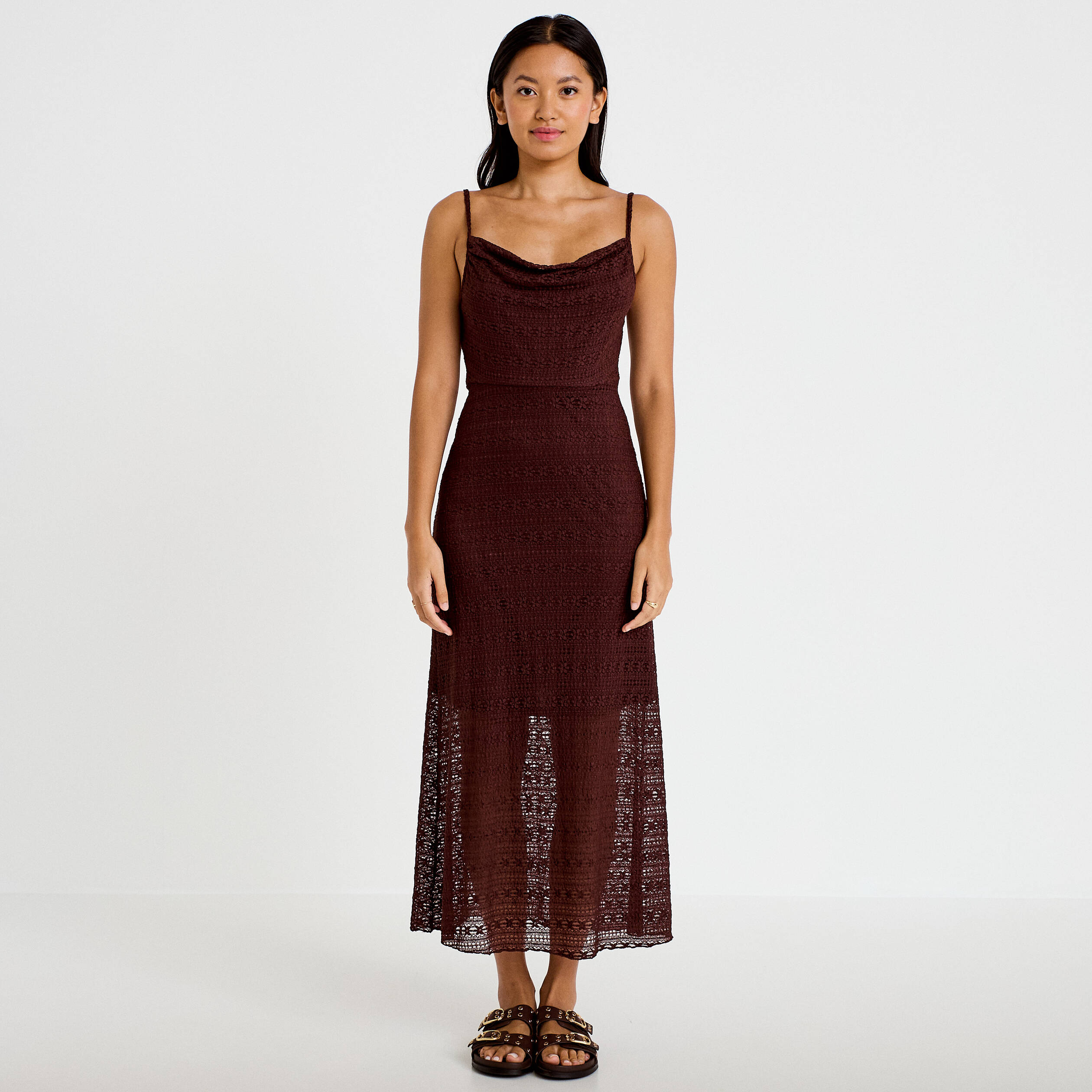 Robe longue droite col b&eacute;nitier dentelle marron femme