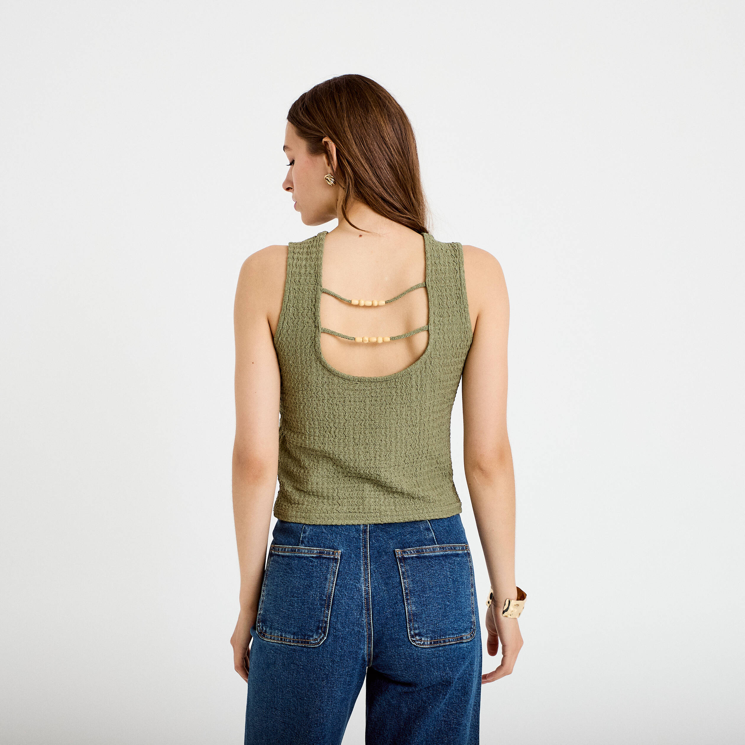 Top pliss&eacute; col rond manches courtes vert kaki femme