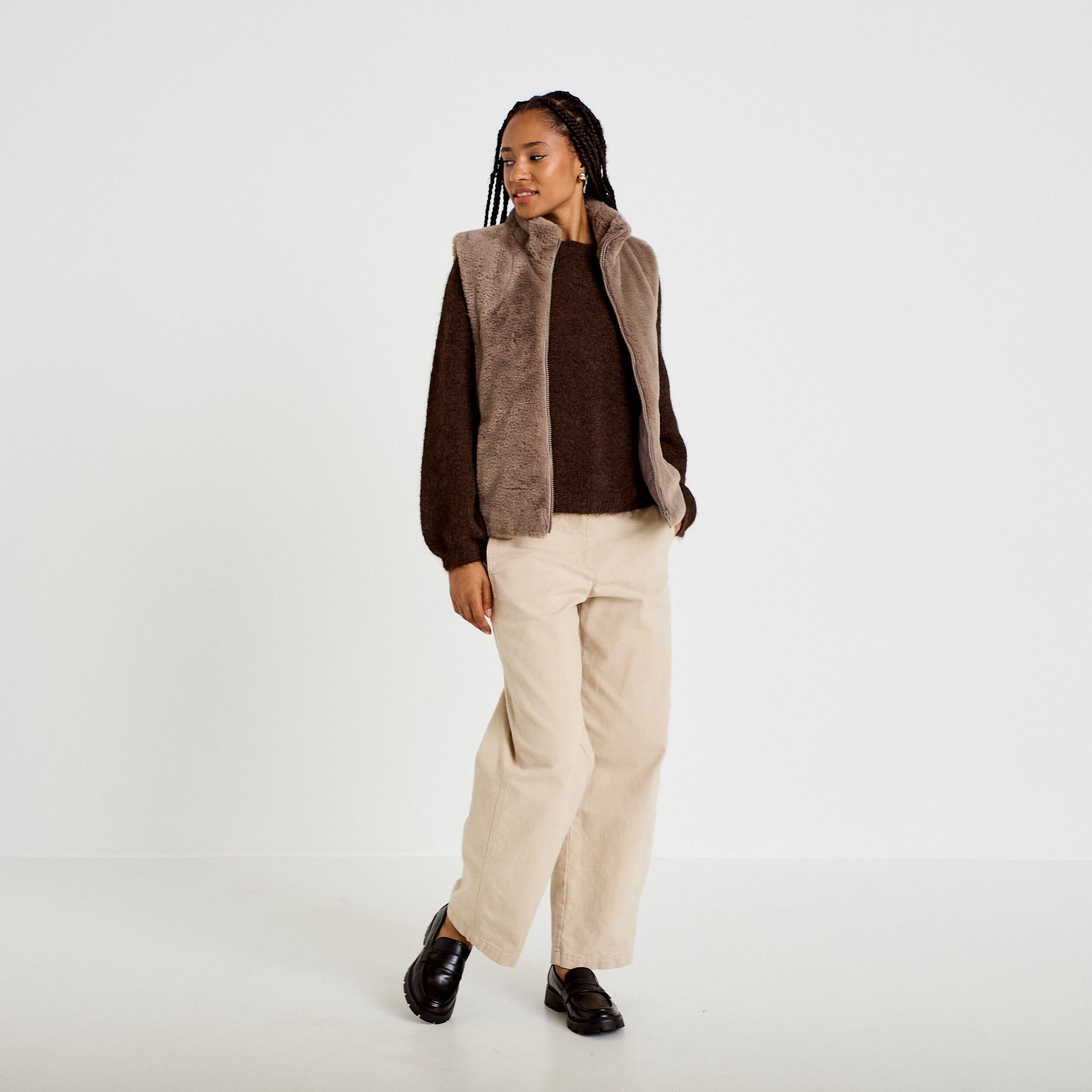Veste sans manches fermeture zipp&eacute;e taupe femme