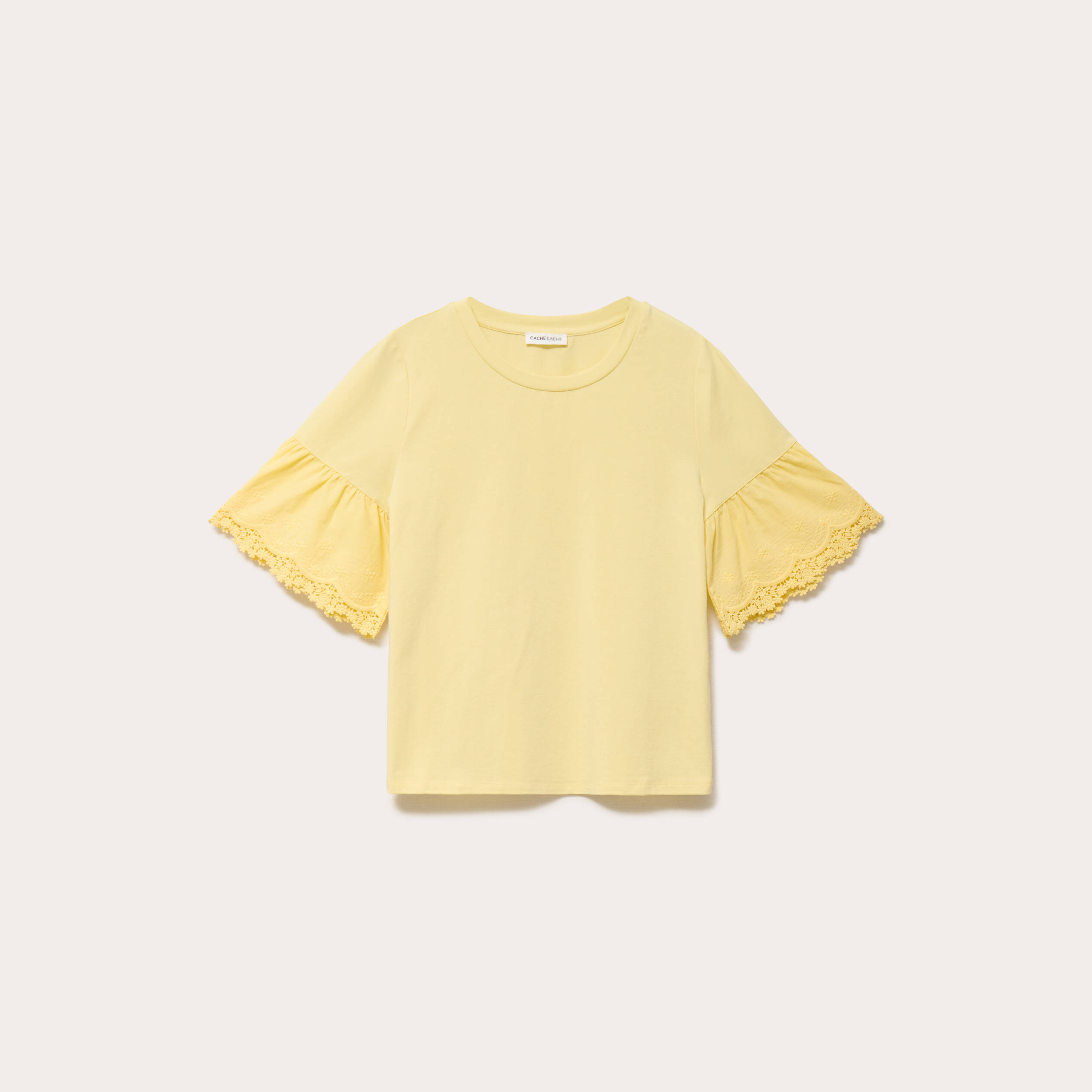 T-shirt broderie manches courtes jaune clair femme