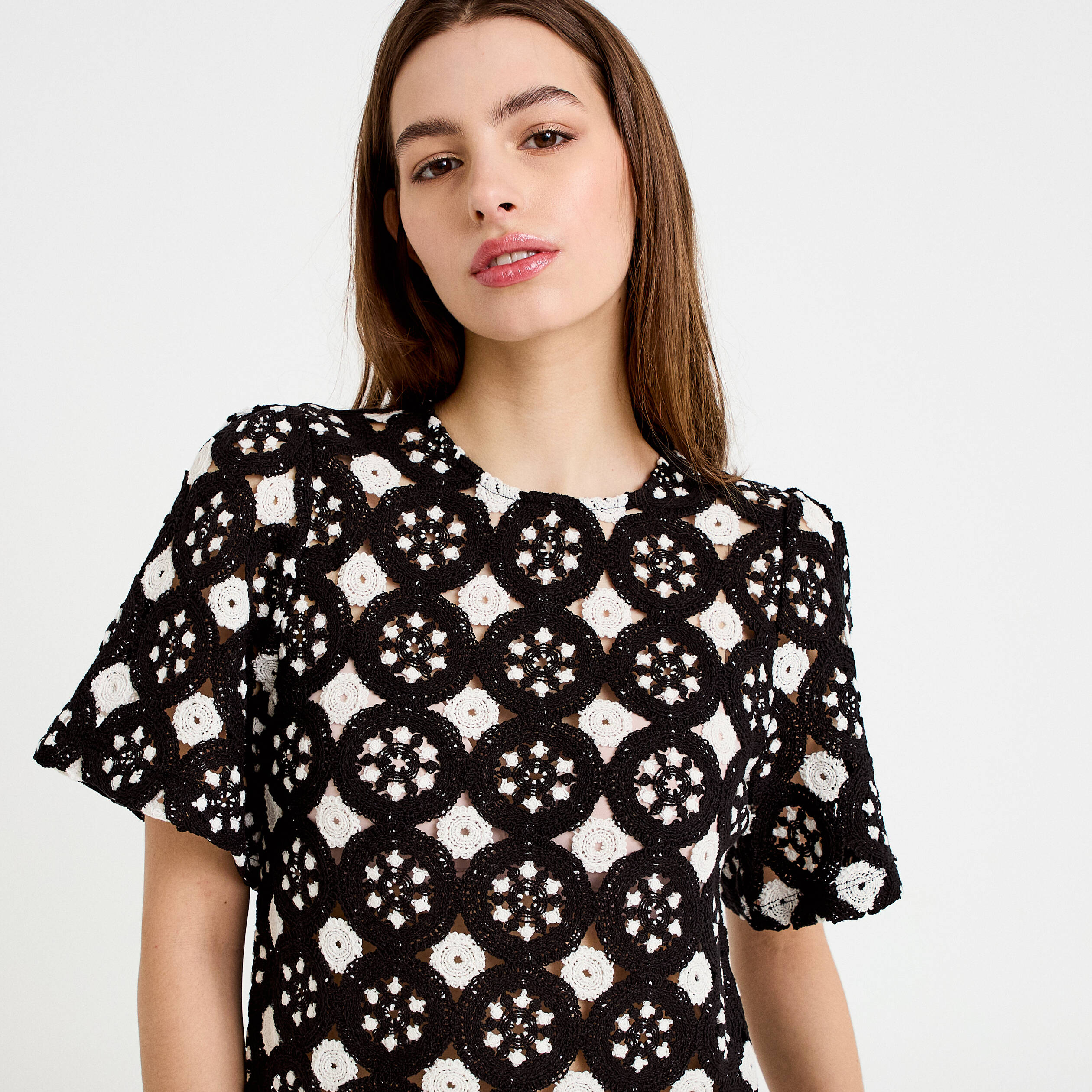 T-shirt manches courtes aspect dentelle ecru femme