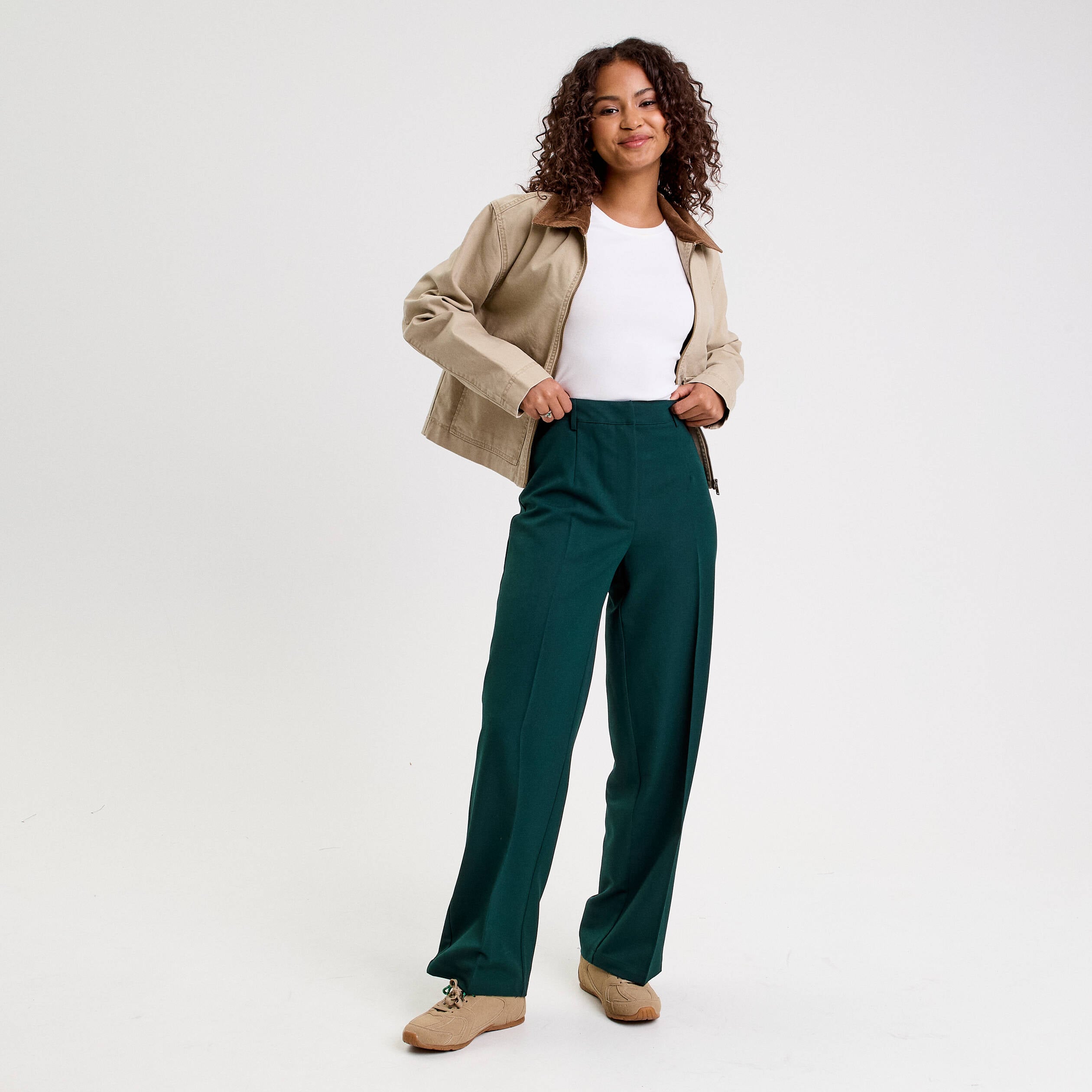 Pantalon large taille haute vert fonc&eacute; femme