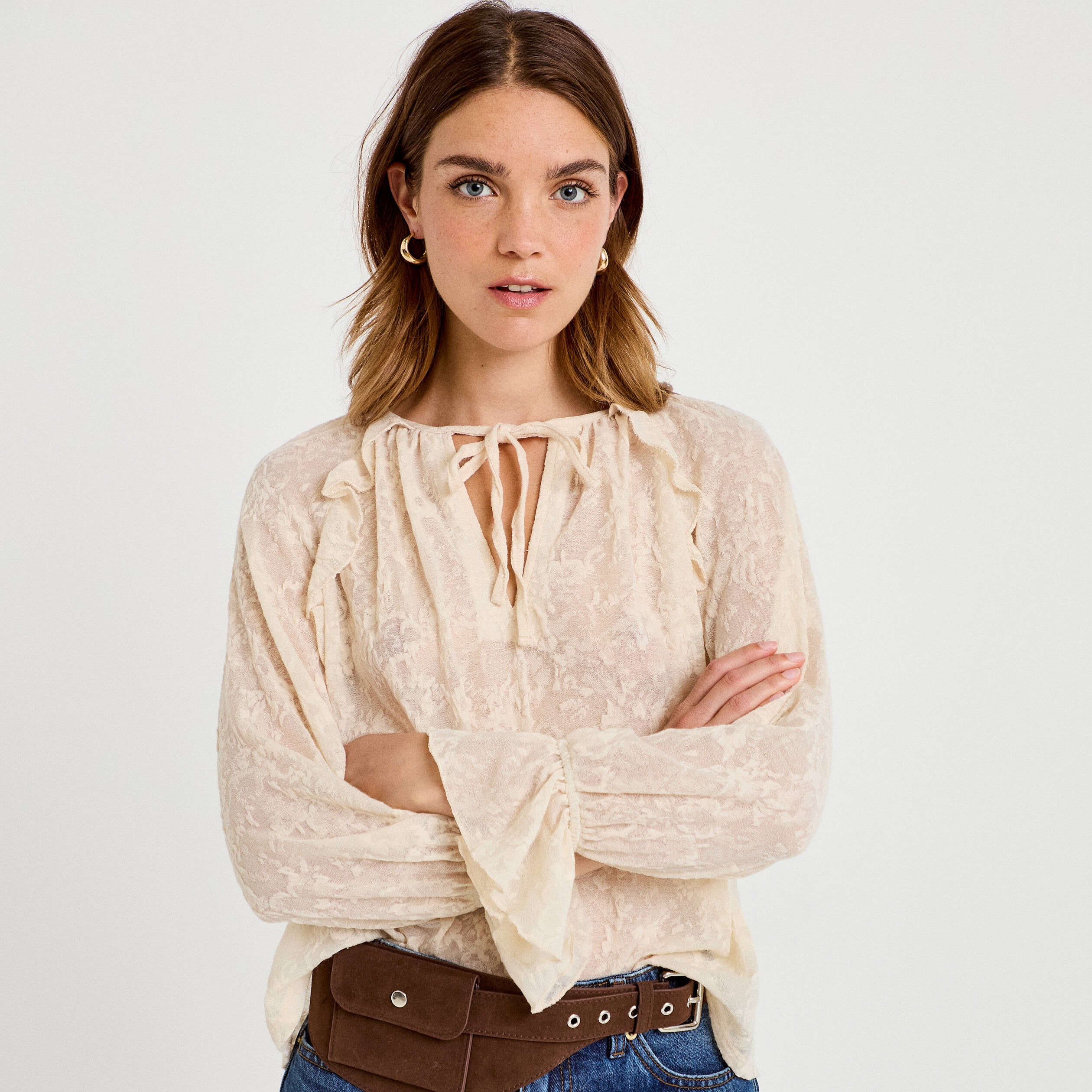 Blouse droite manches longues col rond ecru femme