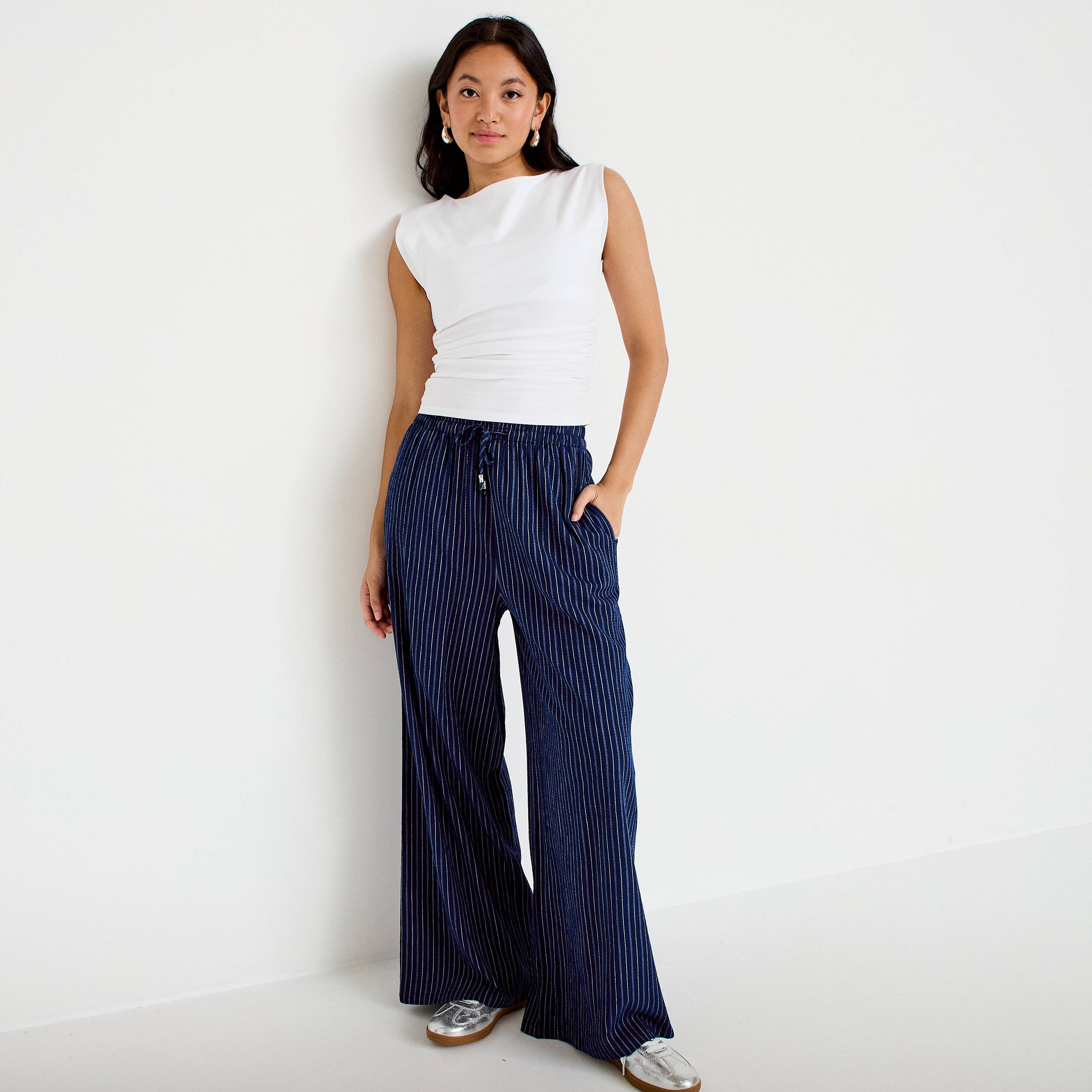 Pantalon large taille standard bleu femme