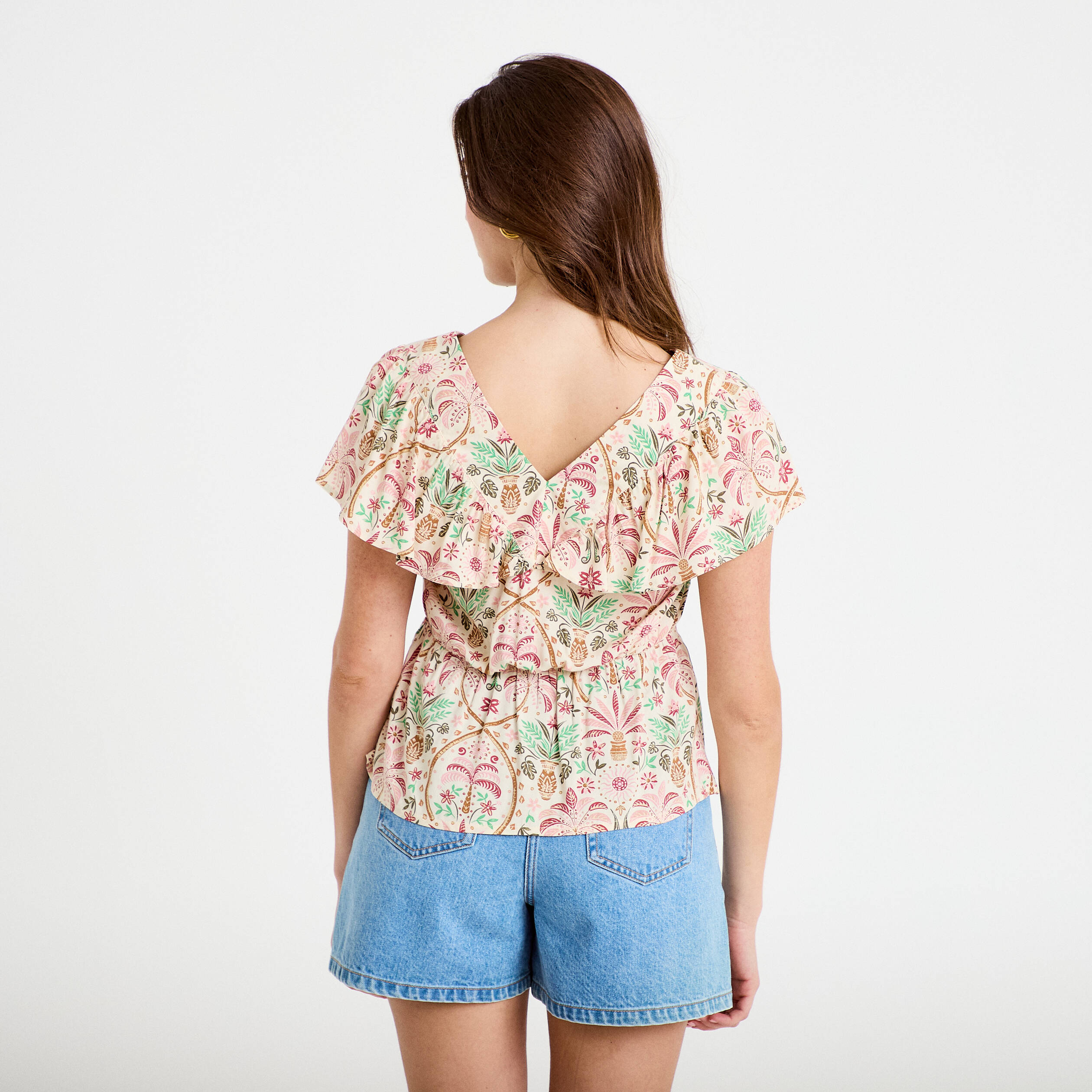 Blouse col v manches courtes blanc femme