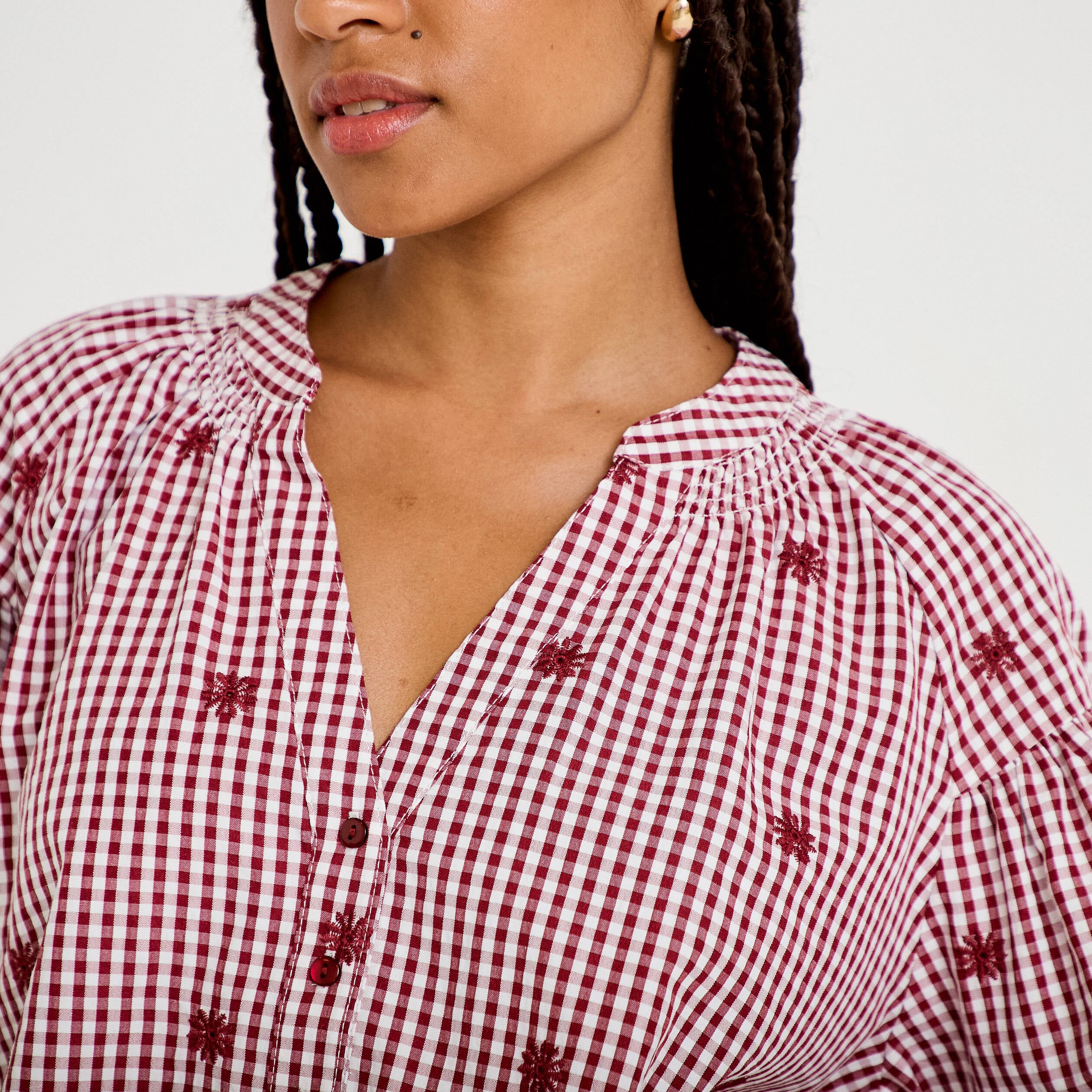 Blouse vichy brod&eacute;e rouge femme