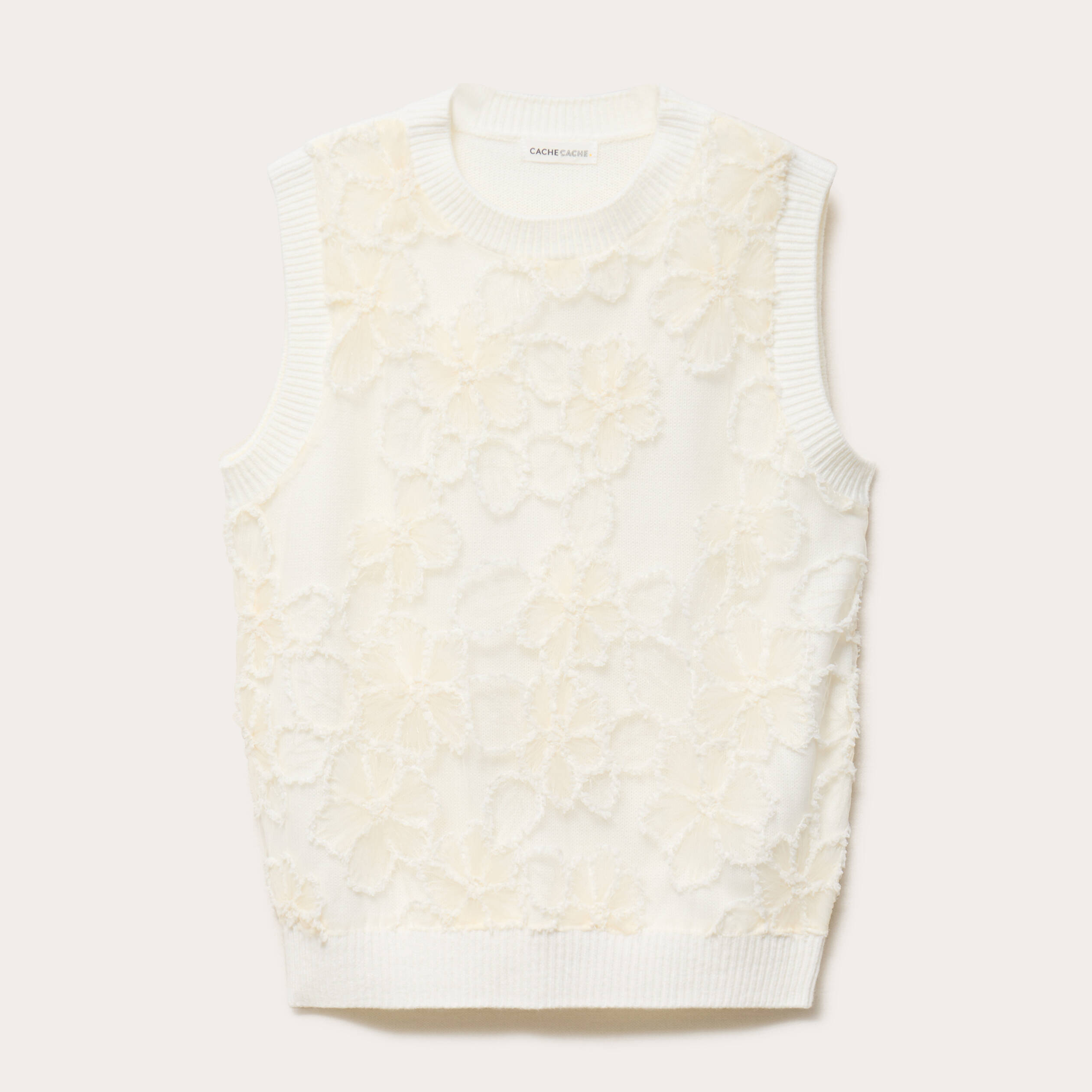 Pull sans manches &agrave; motif floral ecru femme