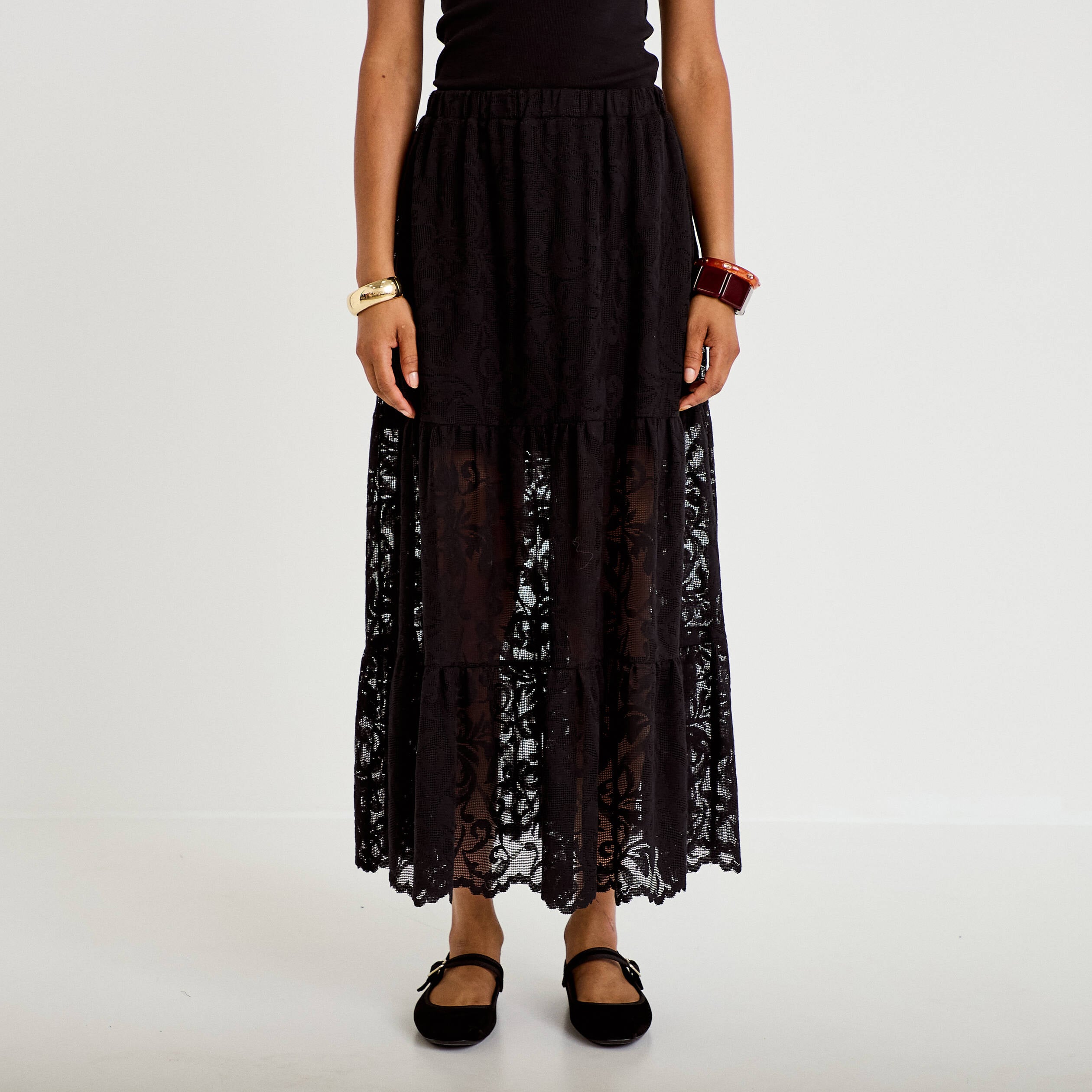 Jupe &eacute;vas&eacute;e longueur 3/4 dentelle noir femme