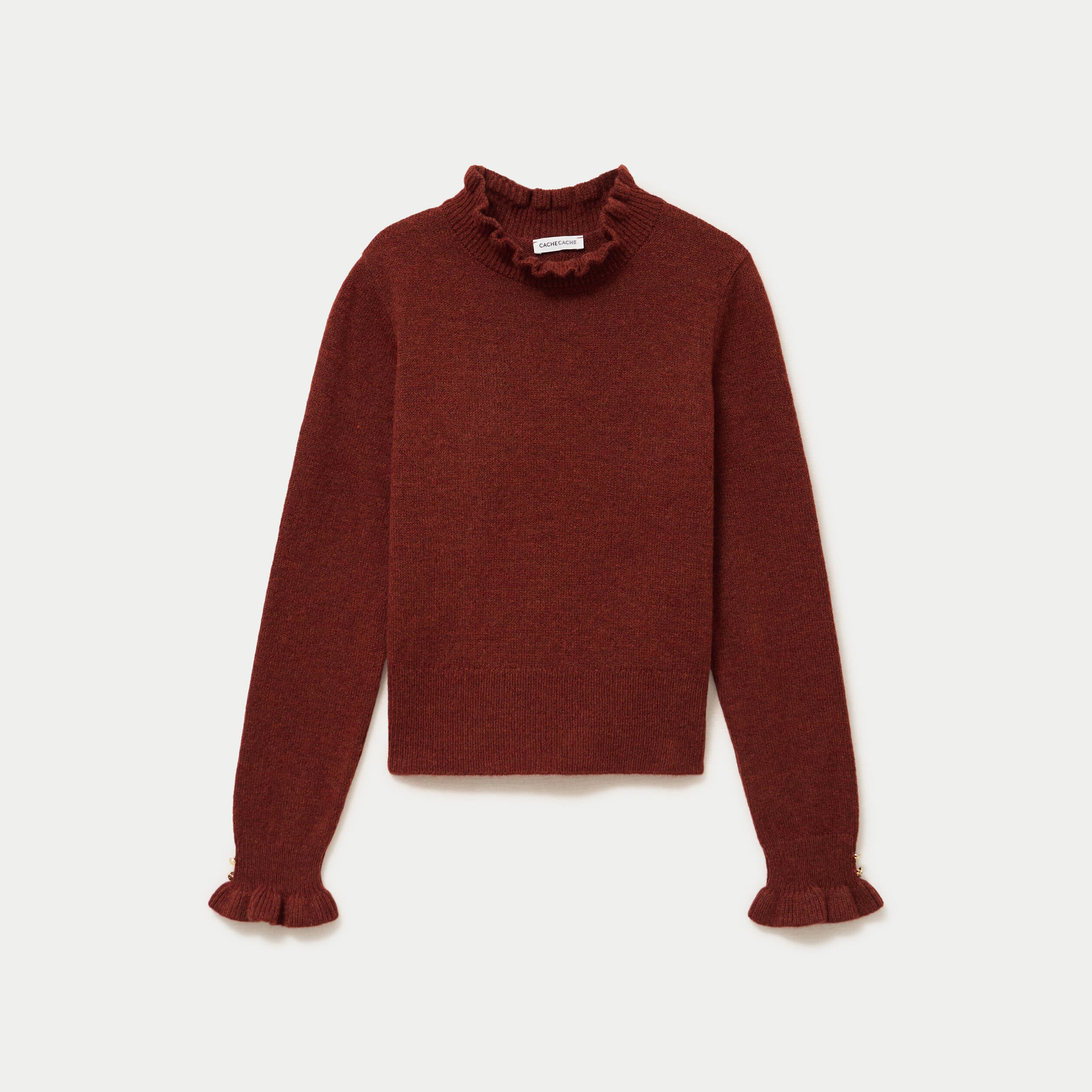 Pull ajust&eacute; col montant manches longues marron cognac femme