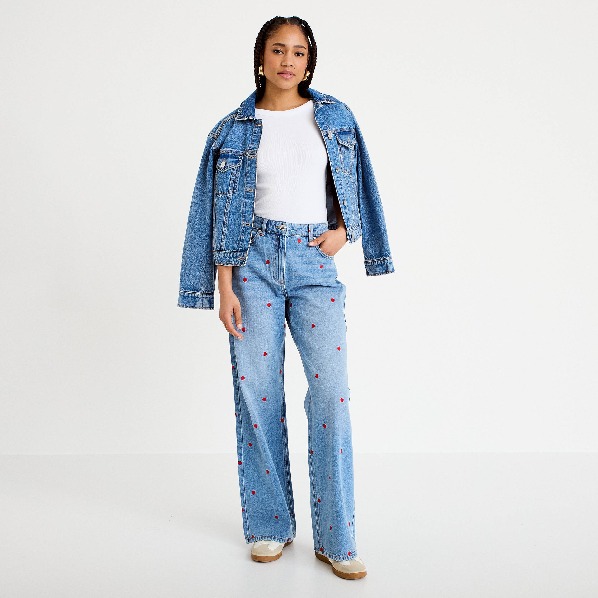 Jean wide leg taille haute brod&eacute; denim double stone femme