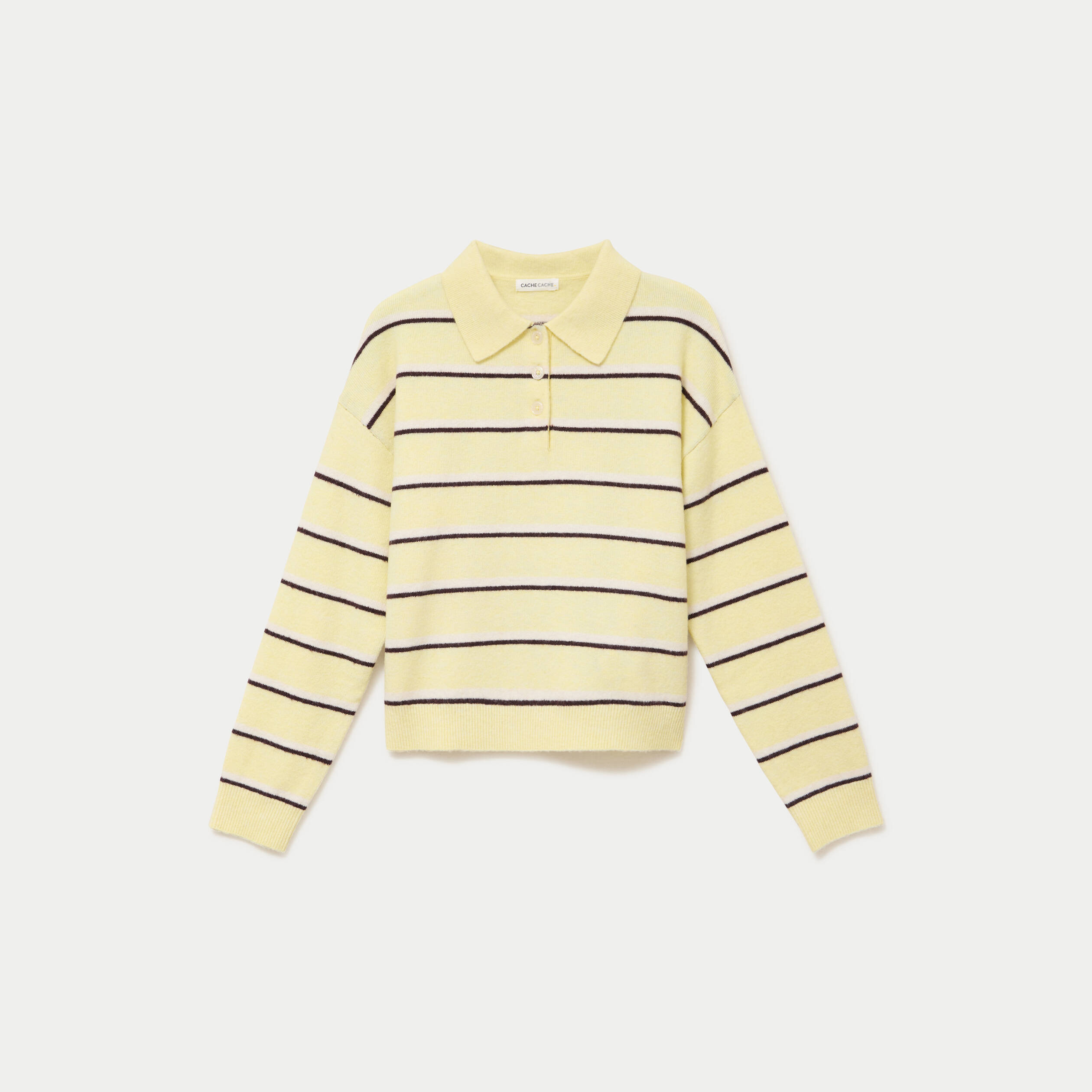 Polo manches longues col chemise jaune clair femme