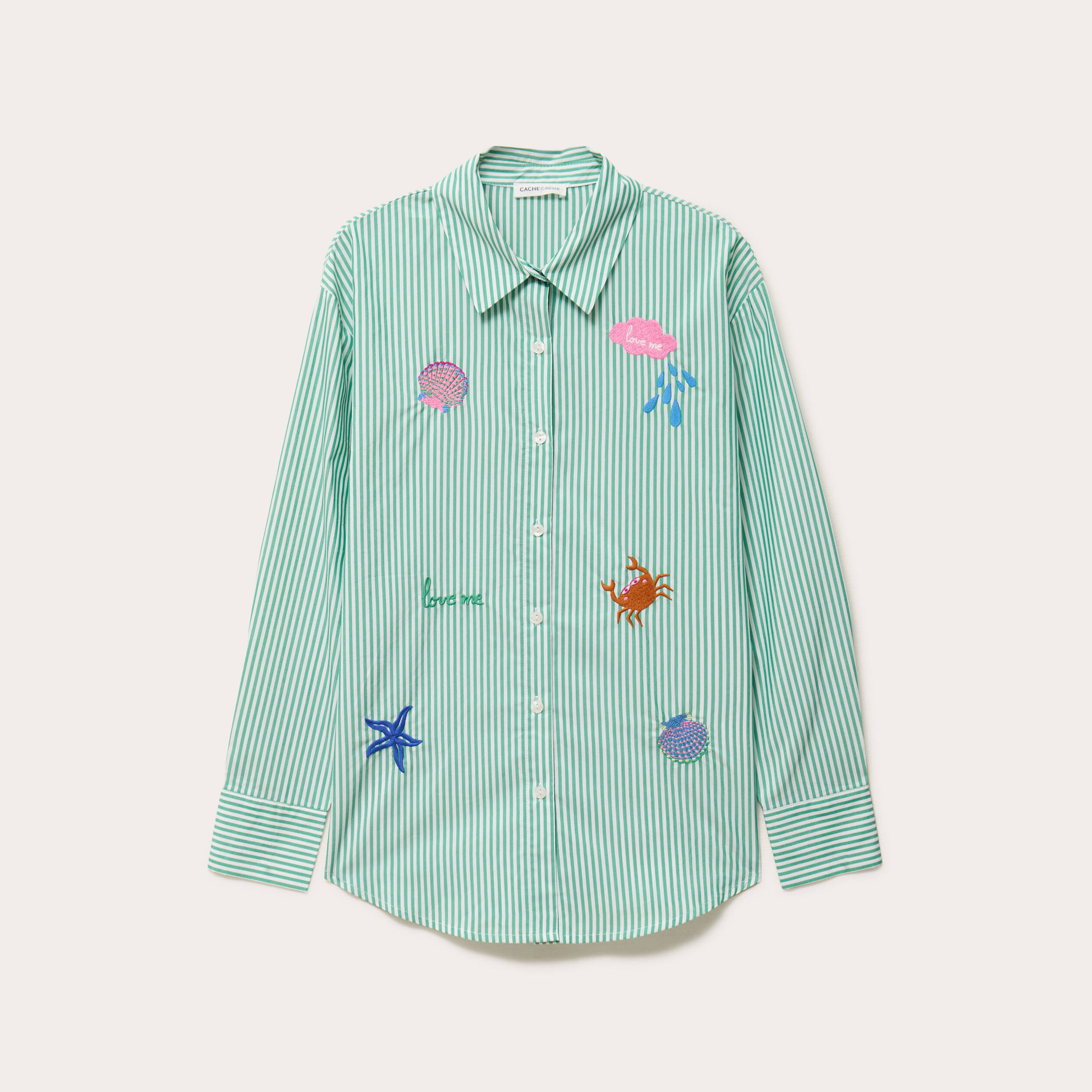 Chemise ray&eacute;e broderies fantaisie vert clair femme