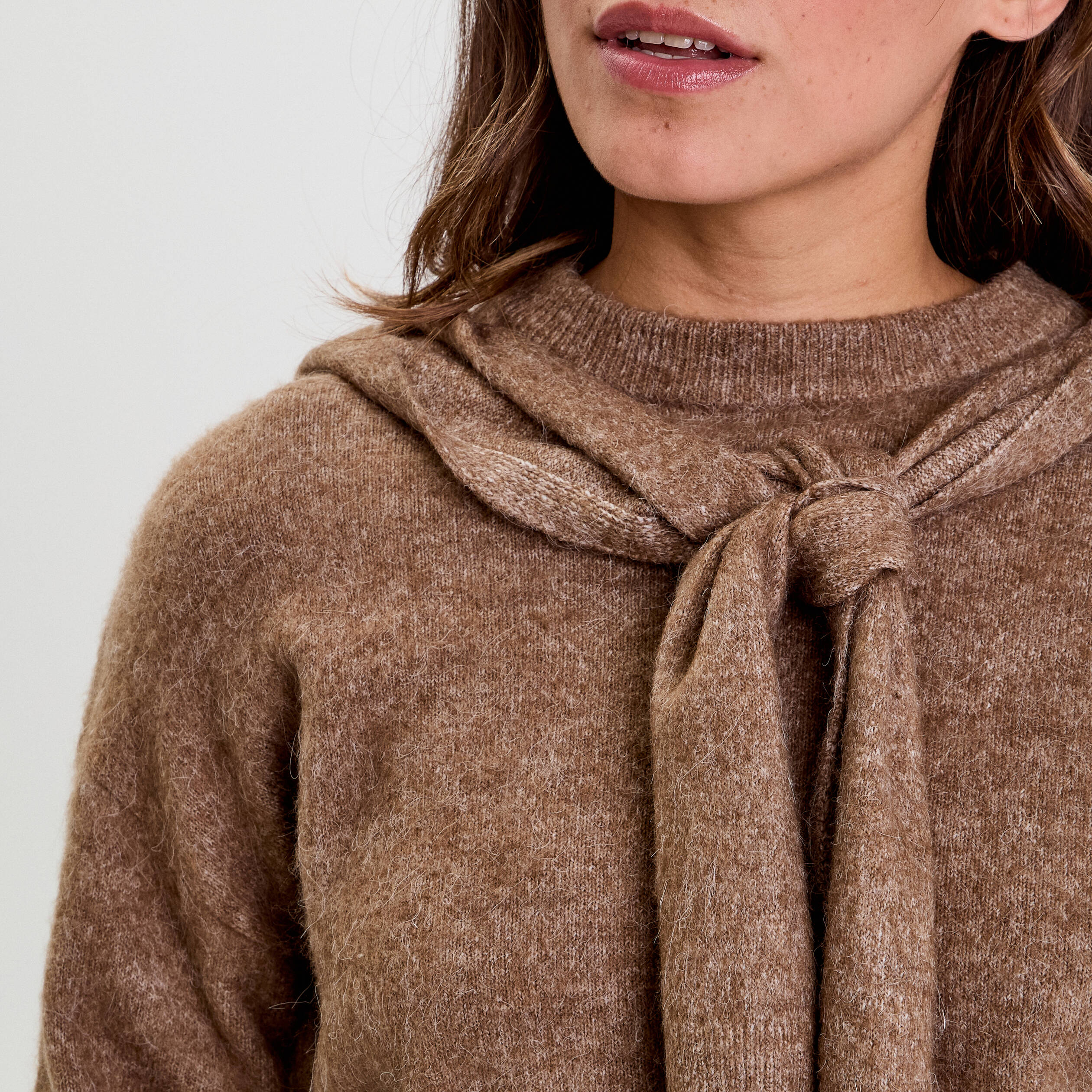 Pull &agrave; capuche manches longues marron clair femme