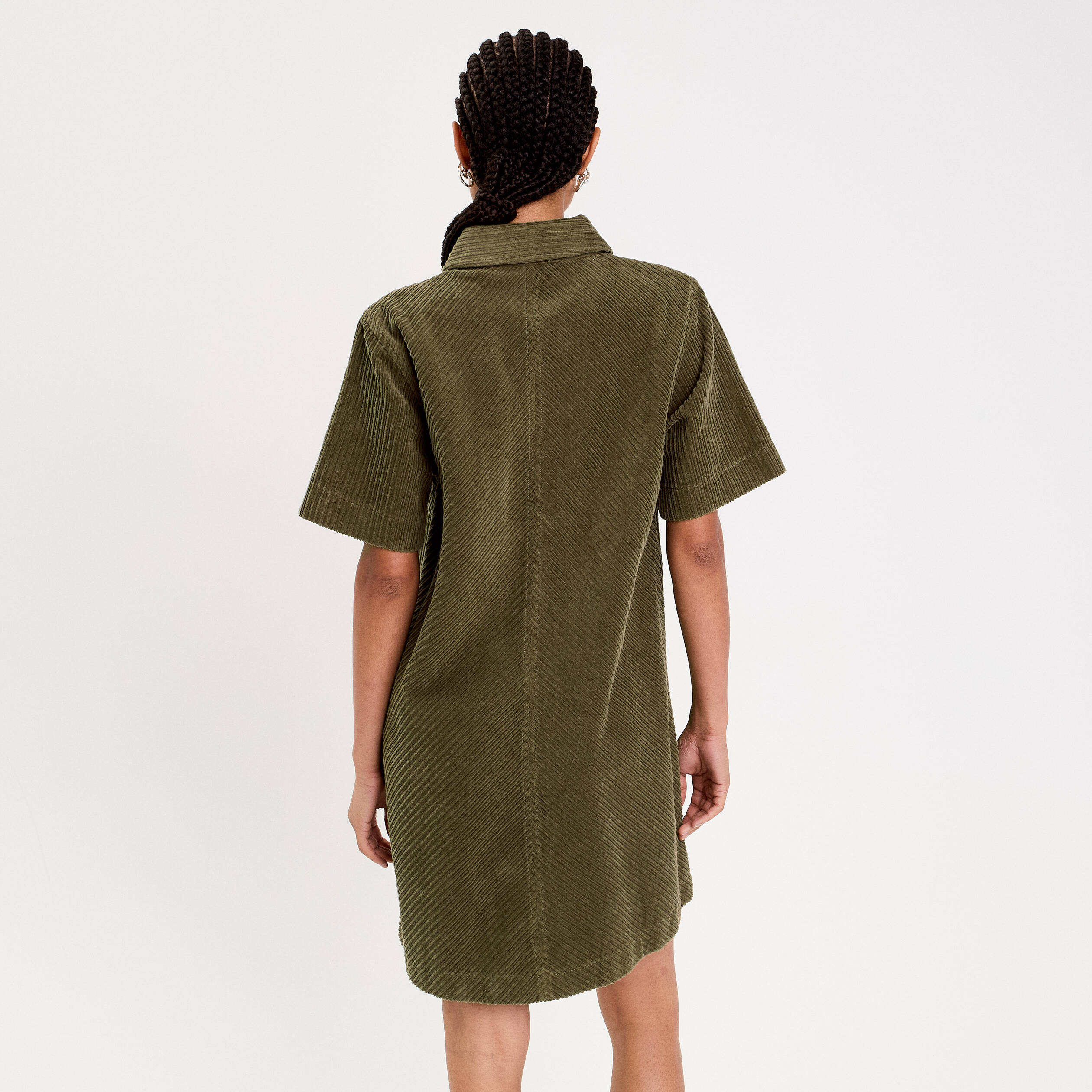 Robe courte droite en velours coton vert kaki femme