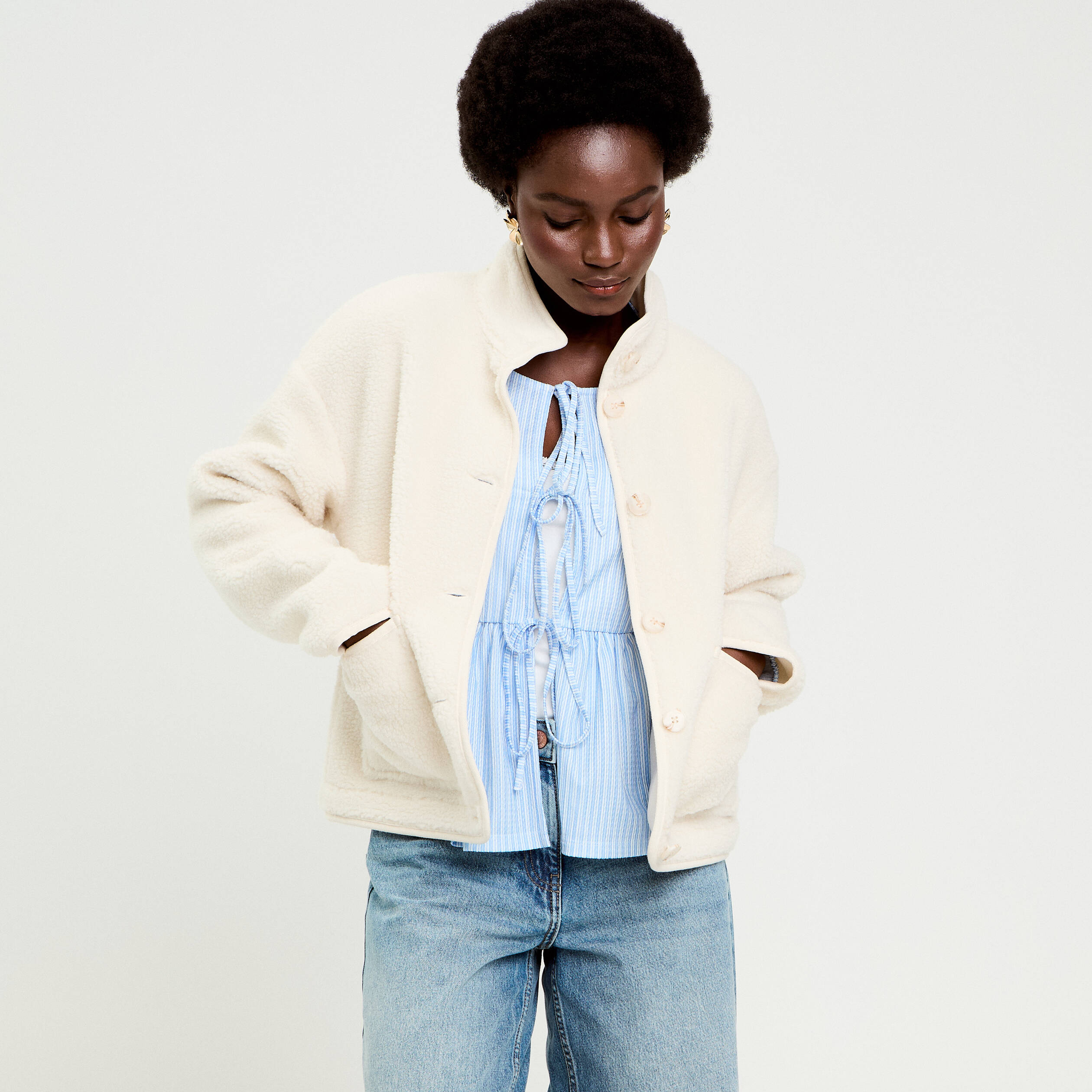 Veste droite courte effet polaire ecru femme