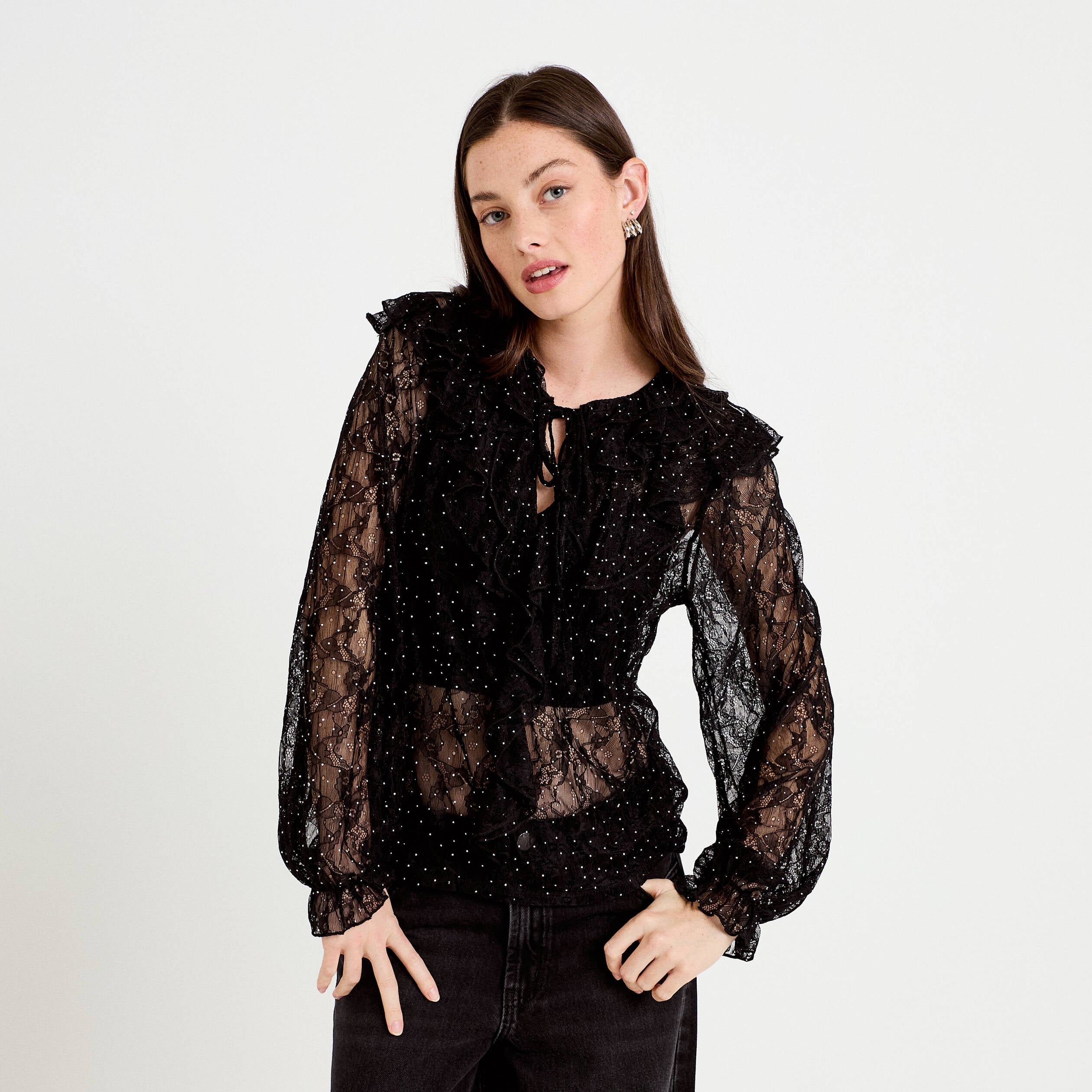 Blouse dentelle manches longues noir femme