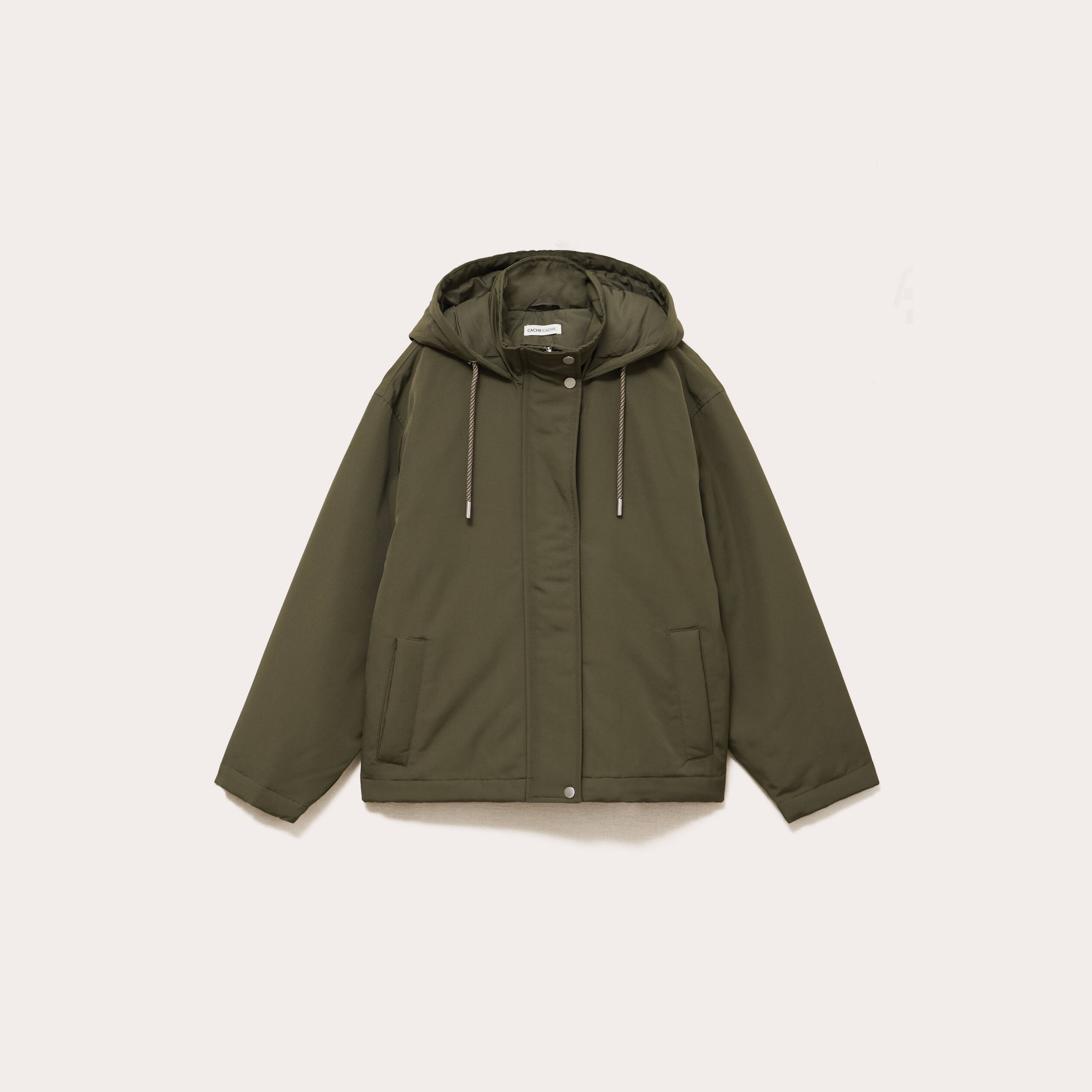 Parka courte &agrave; capuche manches longues vert kaki femme