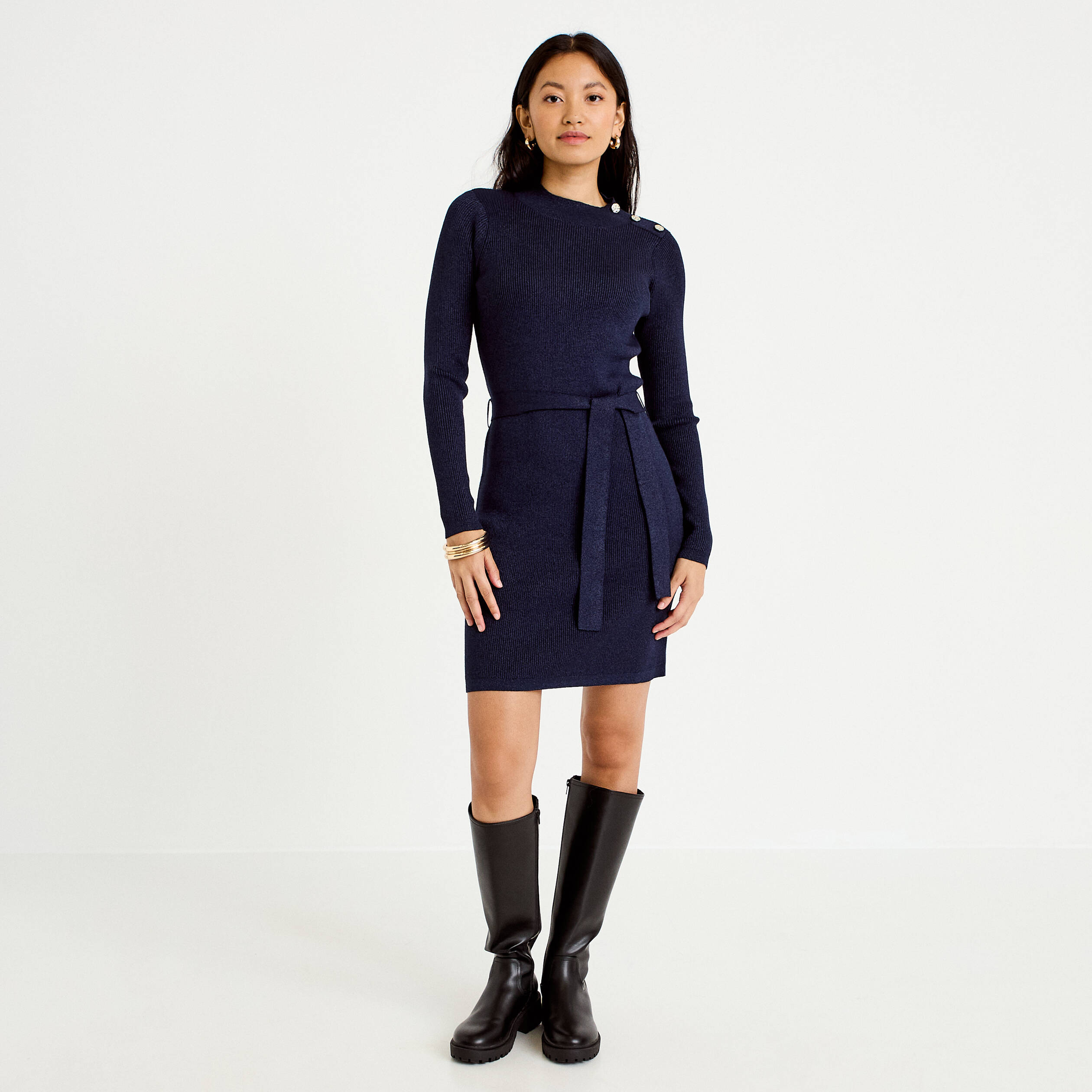 Robe pull ajust&eacute;e manches longues bleu marine femme