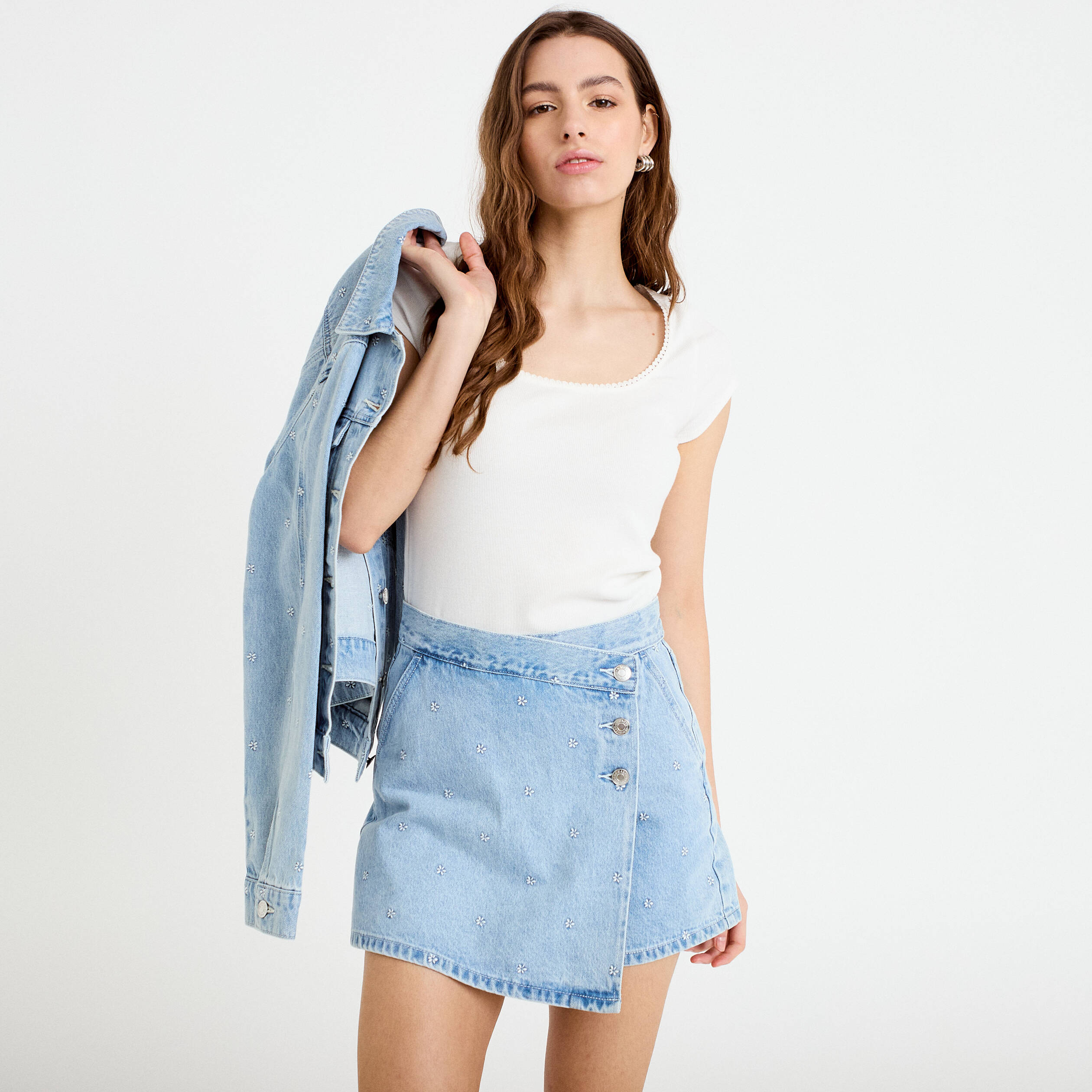 Jupe-short trap&egrave;ze courte taille haute bleu clair femme