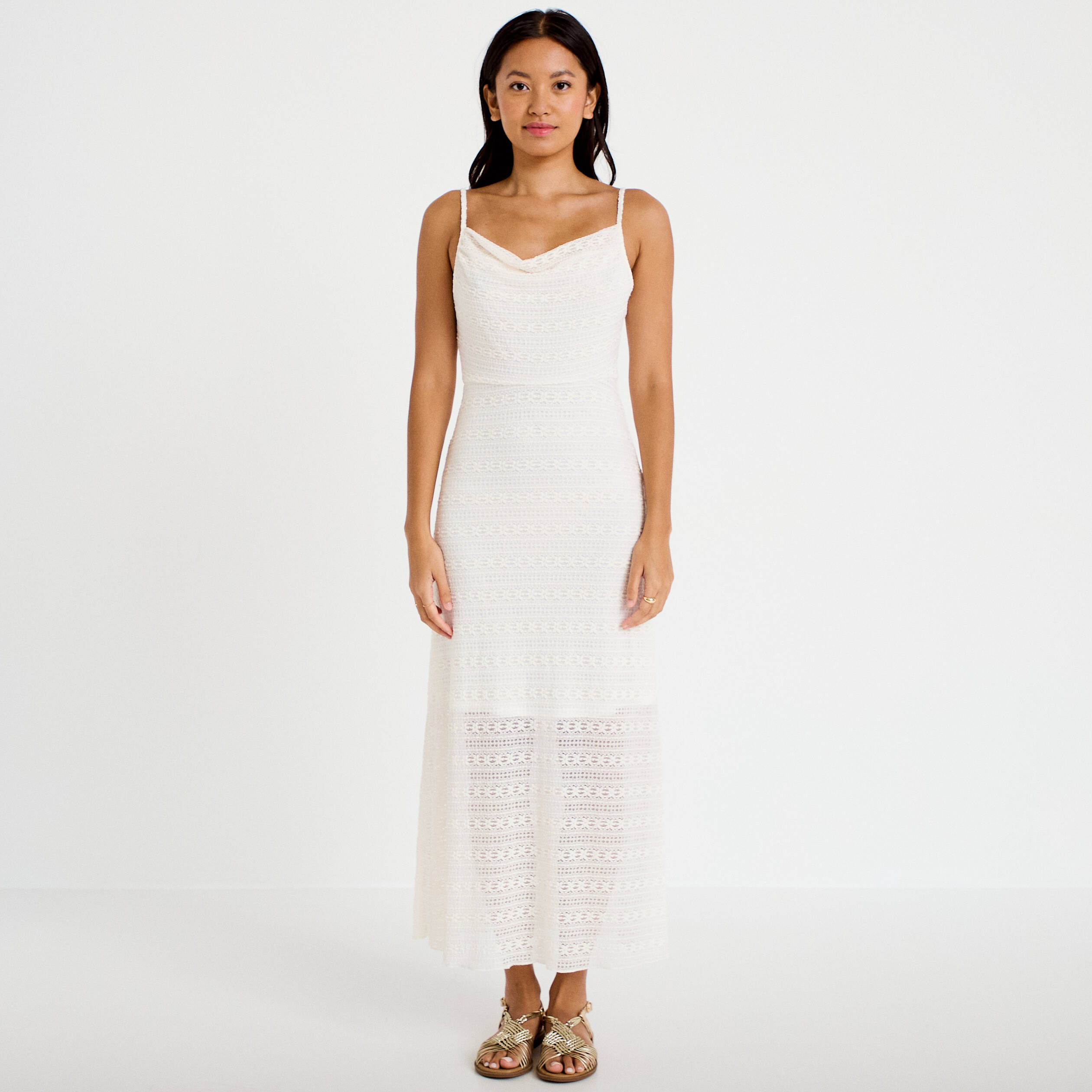 Robe longue droite col b&eacute;nitier dentelle ecru femme