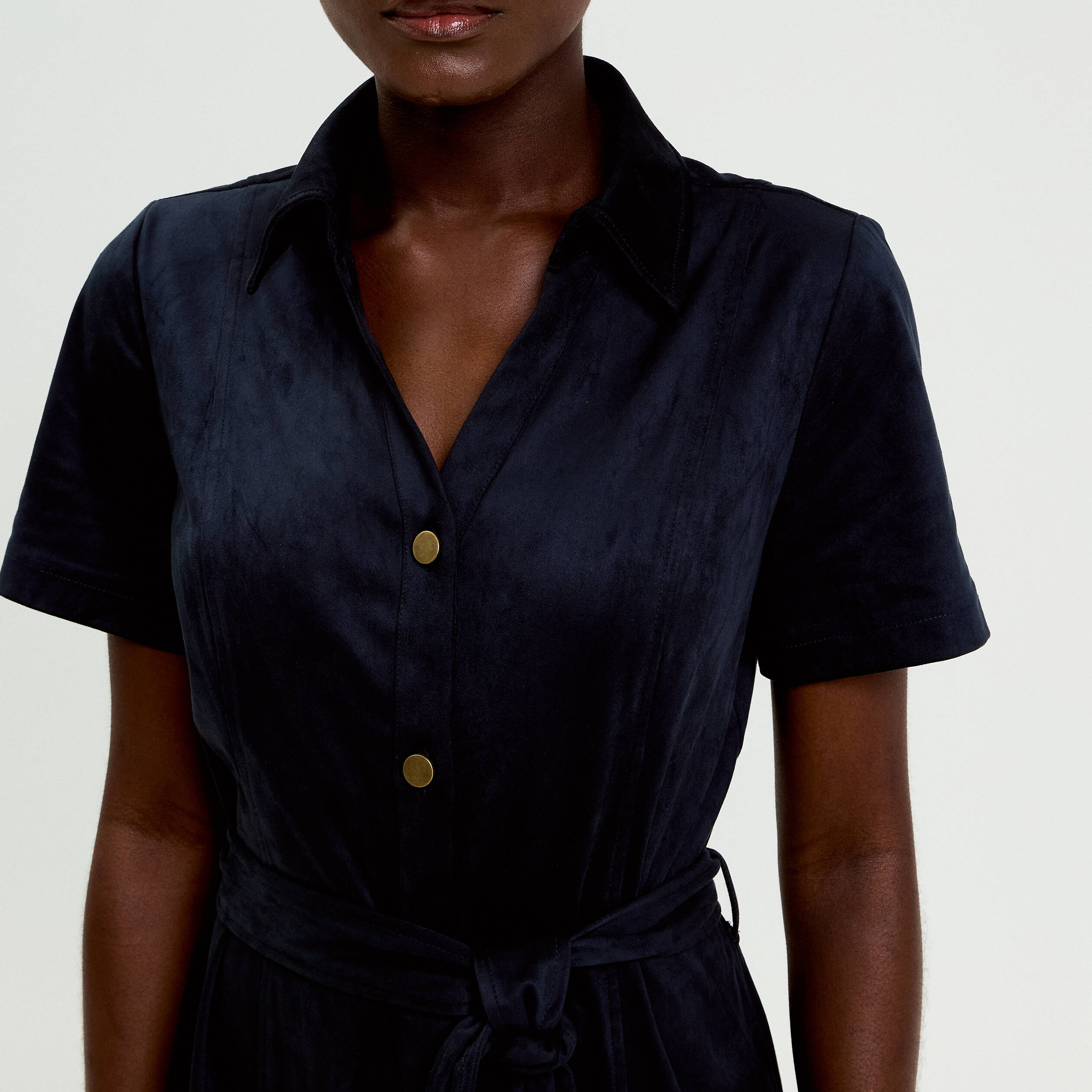 Robe boutonn&eacute;e aspect daim bleu marine femme
